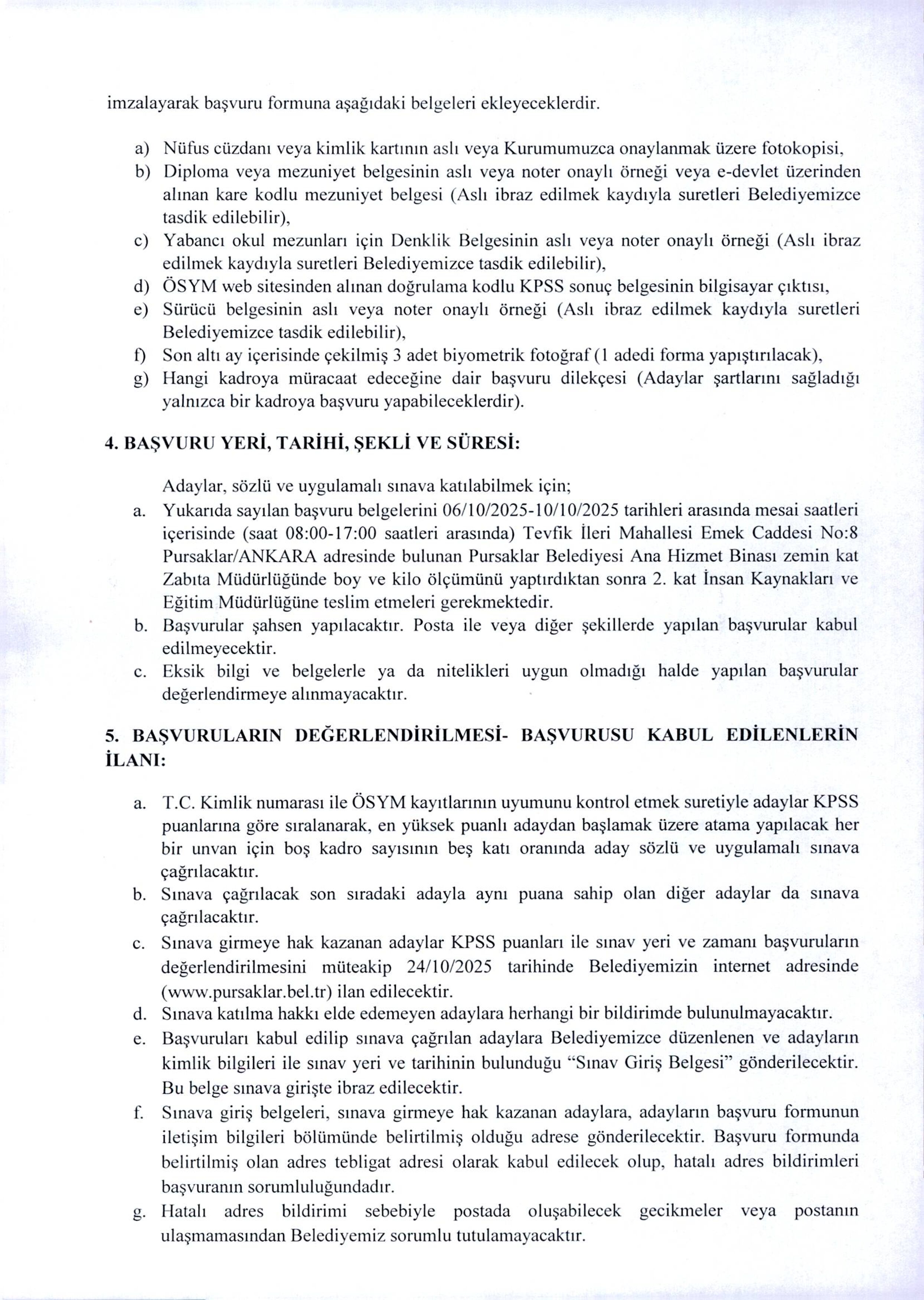 PURSAKLAR BELEDİYE BAŞKANLIĞI 15 ZABITA MEMURU ALACAK ( 6 Ekim - 10 Ekim) İlan İçeriği Sayfa 3