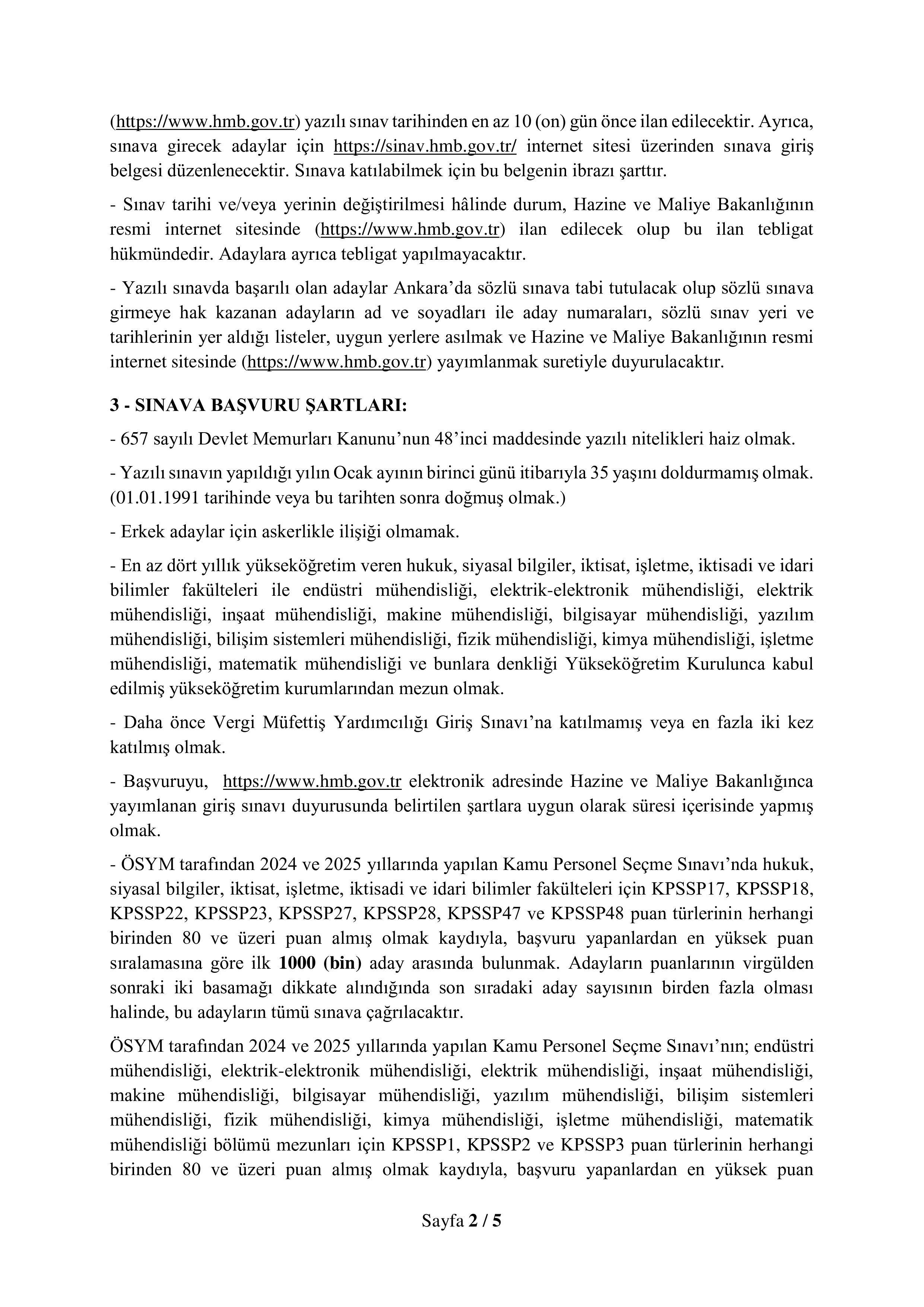 HAZİNE VE MALİYE BAKANLIĞI 250 VERGİ MÜFETTİŞ YARDIMCISI ALACAK ( 9 Mart - 18 Mart) İlan İçeriği Sayfa 2