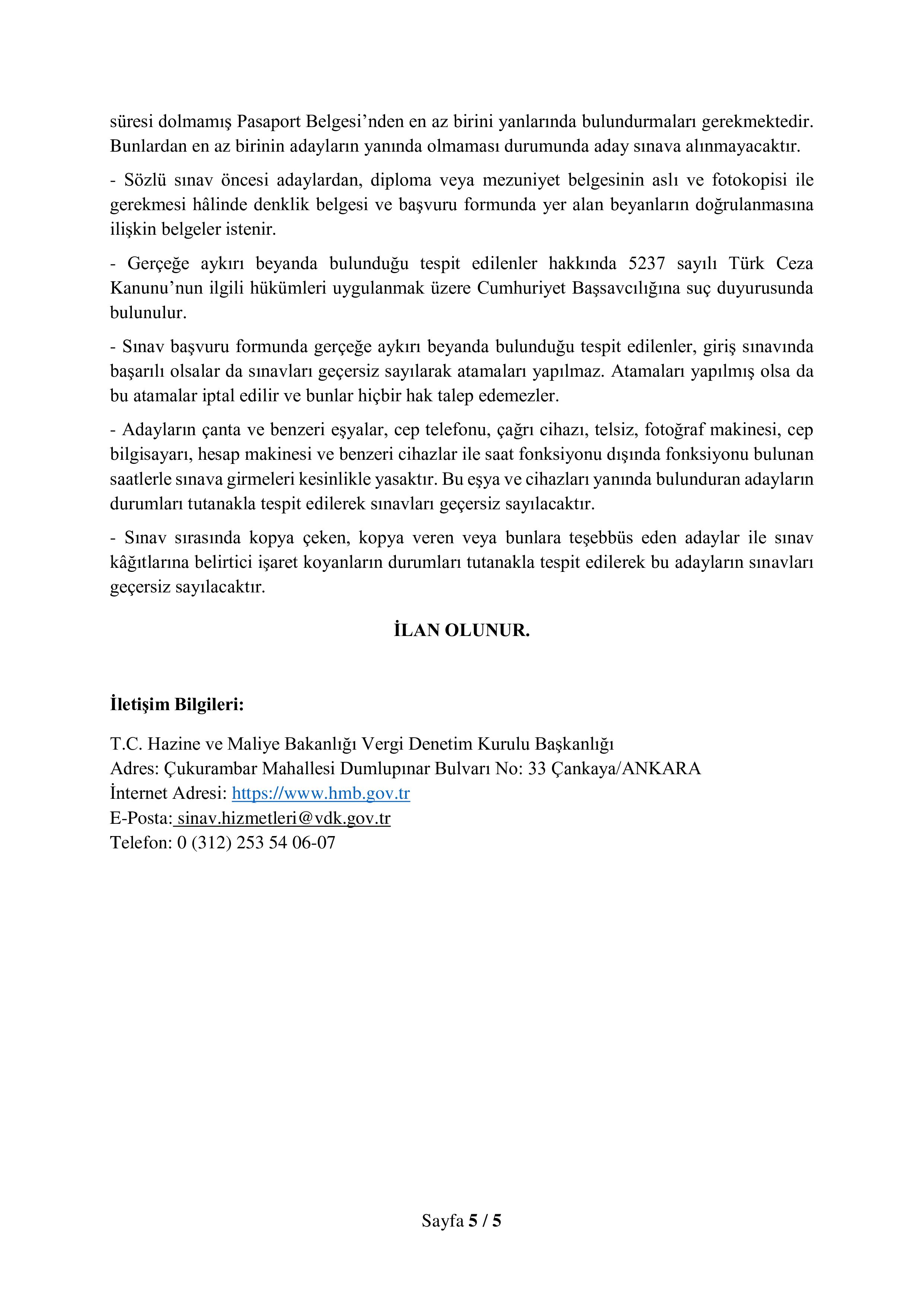 HAZİNE VE MALİYE BAKANLIĞI 250 VERGİ MÜFETTİŞ YARDIMCISI ALACAK ( 9 Mart - 18 Mart) İlan İçeriği Sayfa 5