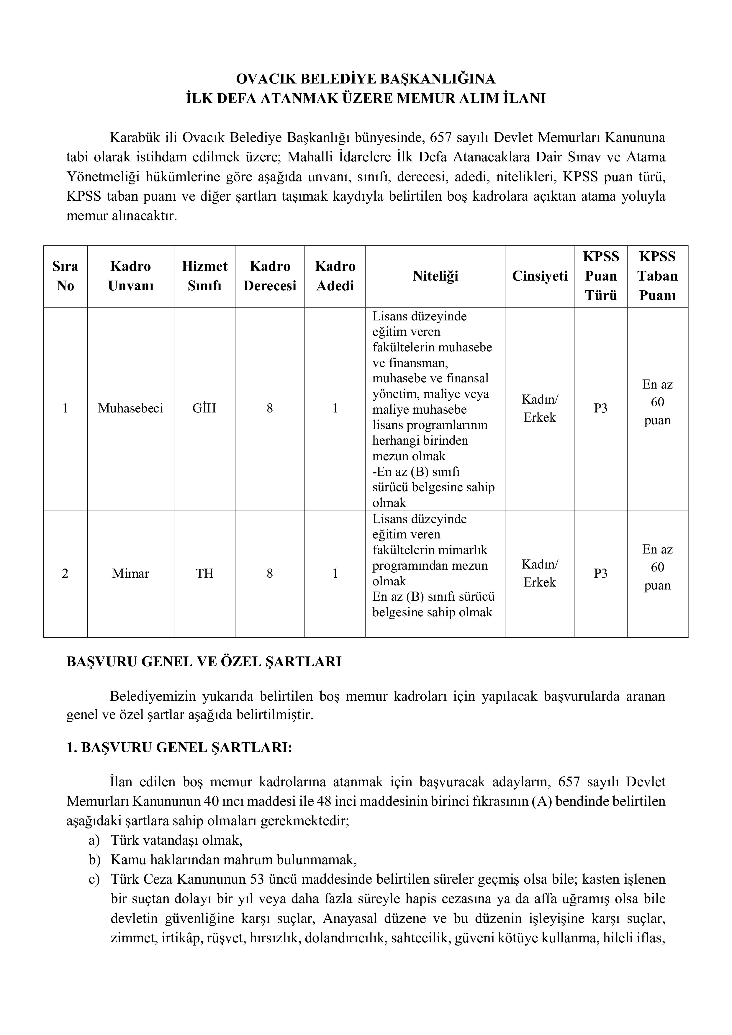 OVACIK (KARABÜK) BELEDİYE BAŞKANLIĞI 2 MEMUR ALACAK ( 19 Ocak - 21 Ocak) İlan İçeriği Sayfa 1