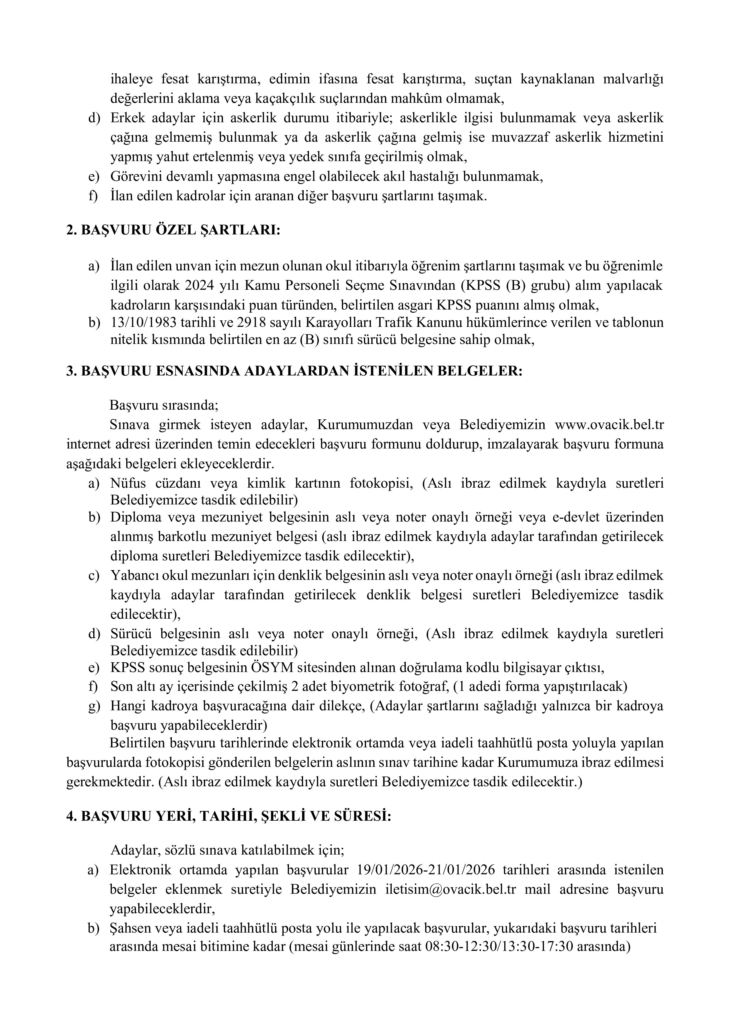 OVACIK (KARABÜK) BELEDİYE BAŞKANLIĞI 2 MEMUR ALACAK ( 19 Ocak - 21 Ocak) İlan İçeriği Sayfa 2