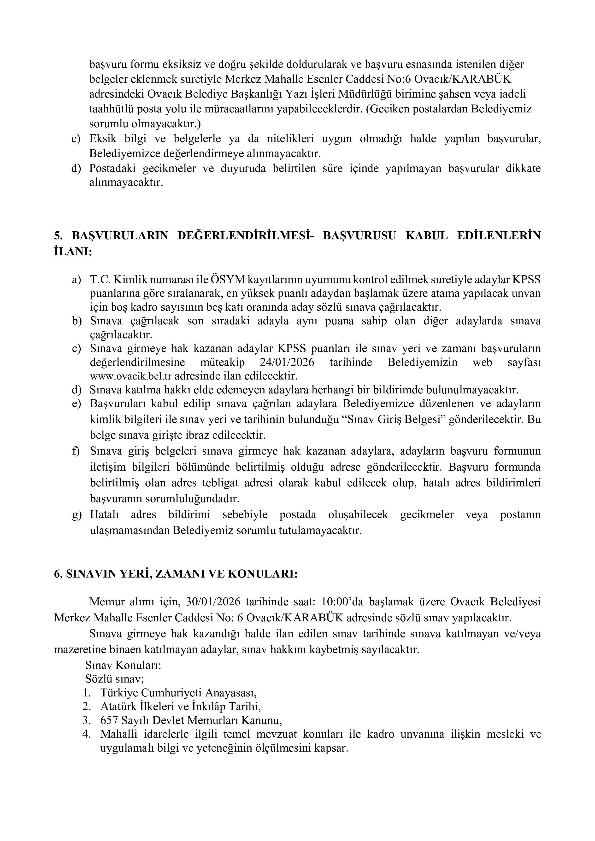 OVACIK (KARABÜK) BELEDİYE BAŞKANLIĞI 2 MEMUR ALACAK ( 19 Ocak - 21 Ocak) İlan İçeriği Sayfa 3
