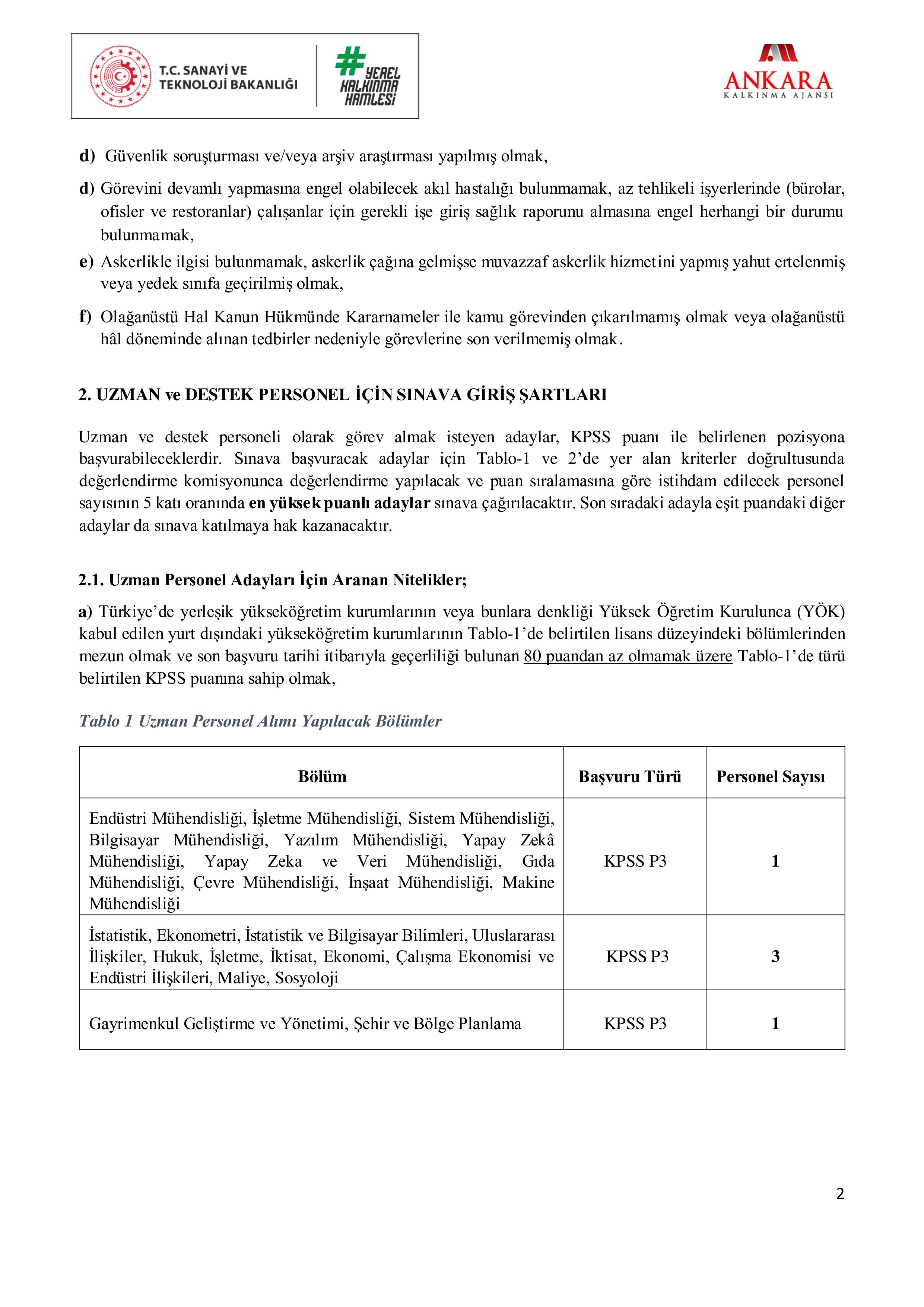 ANKARA KALKINMA AJANSI 6 SÖZLEŞMELİ PERSONEL ALACAK ( 10 Ekim - 24 Ekim) İlan İçeriği Sayfa 2