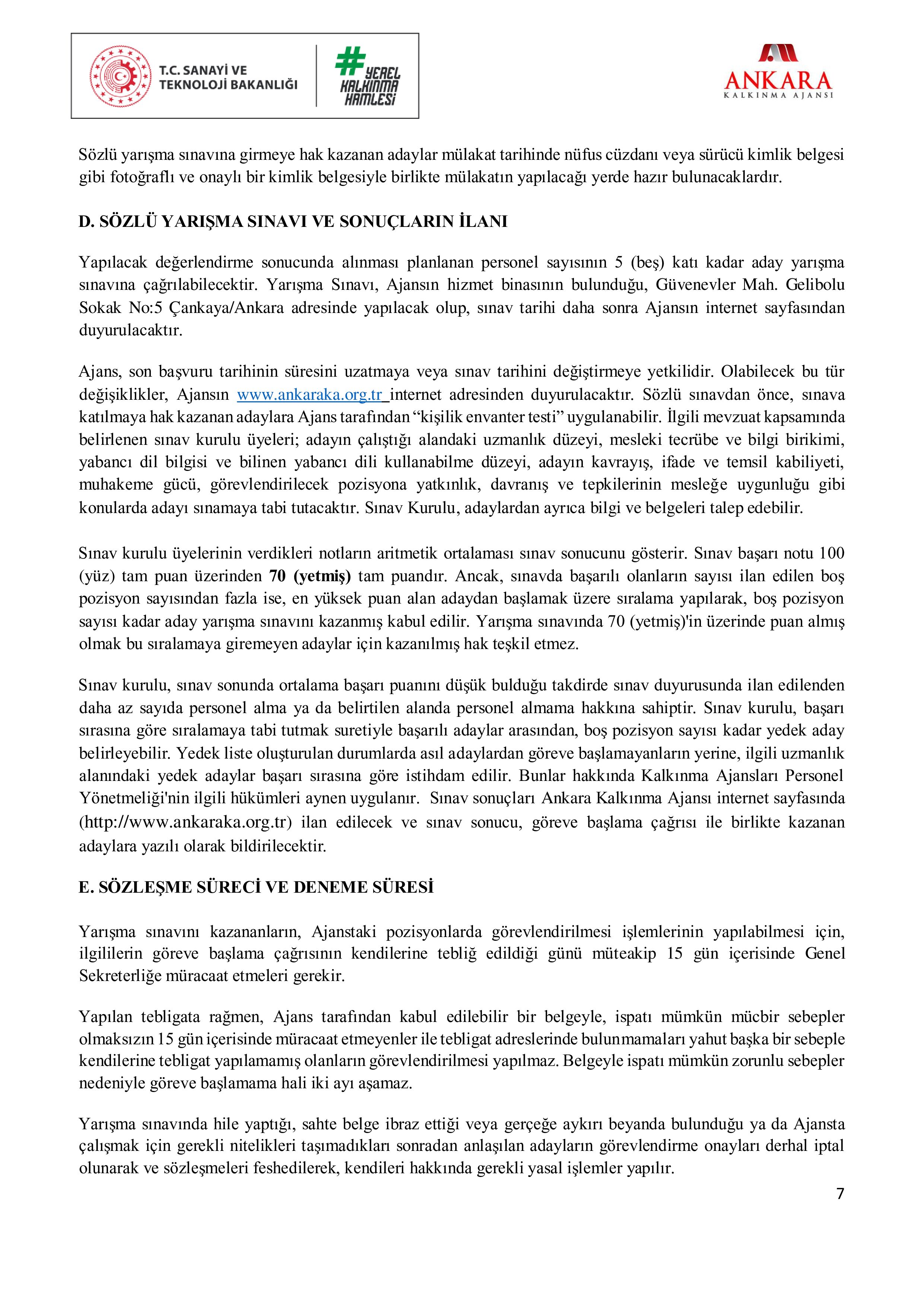 ANKARA KALKINMA AJANSI 6 SÖZLEŞMELİ PERSONEL ALACAK ( 10 Ekim - 24 Ekim) İlan İçeriği Sayfa 7