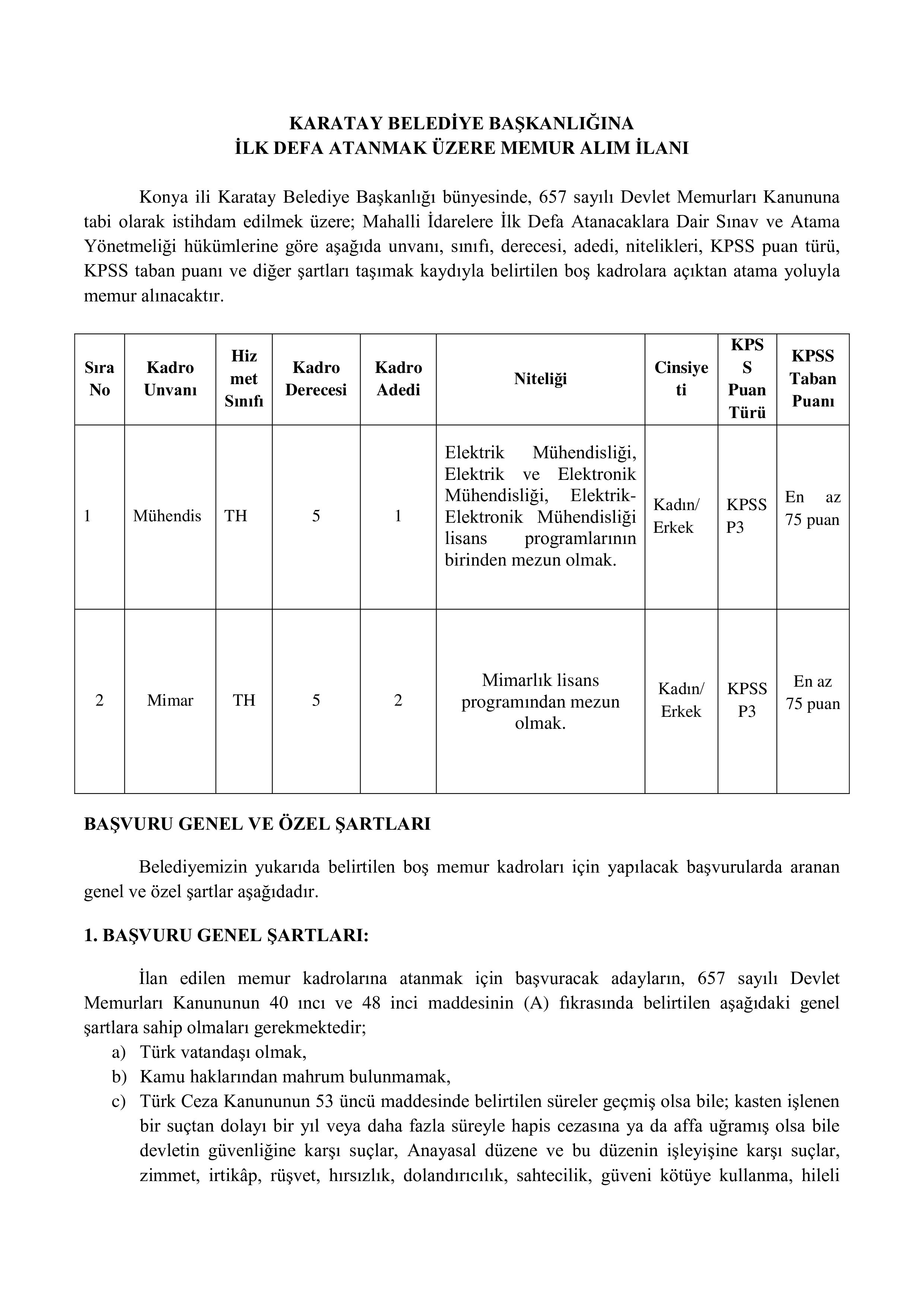 KARATAY BELEDİYE BAŞKANLIĞI 3 MEMUR ALACAK ( 20 Ekim - 24 Ekim) İlan İçeriği Sayfa 1