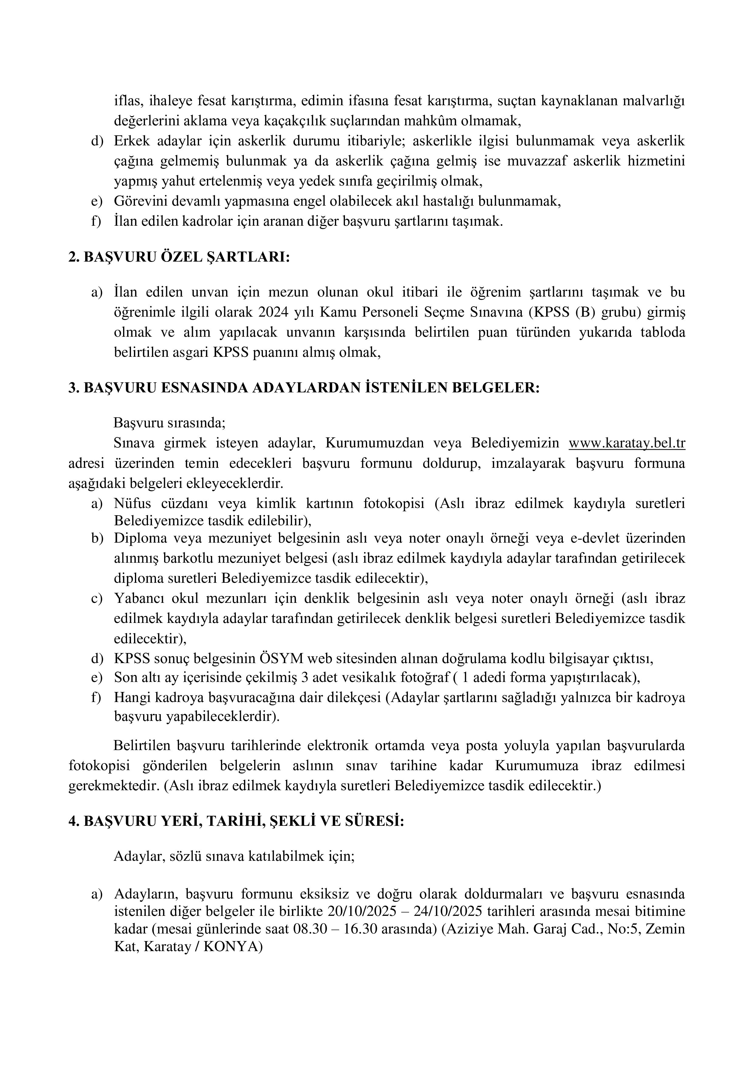 KARATAY BELEDİYE BAŞKANLIĞI 3 MEMUR ALACAK ( 20 Ekim - 24 Ekim) İlan İçeriği Sayfa 2