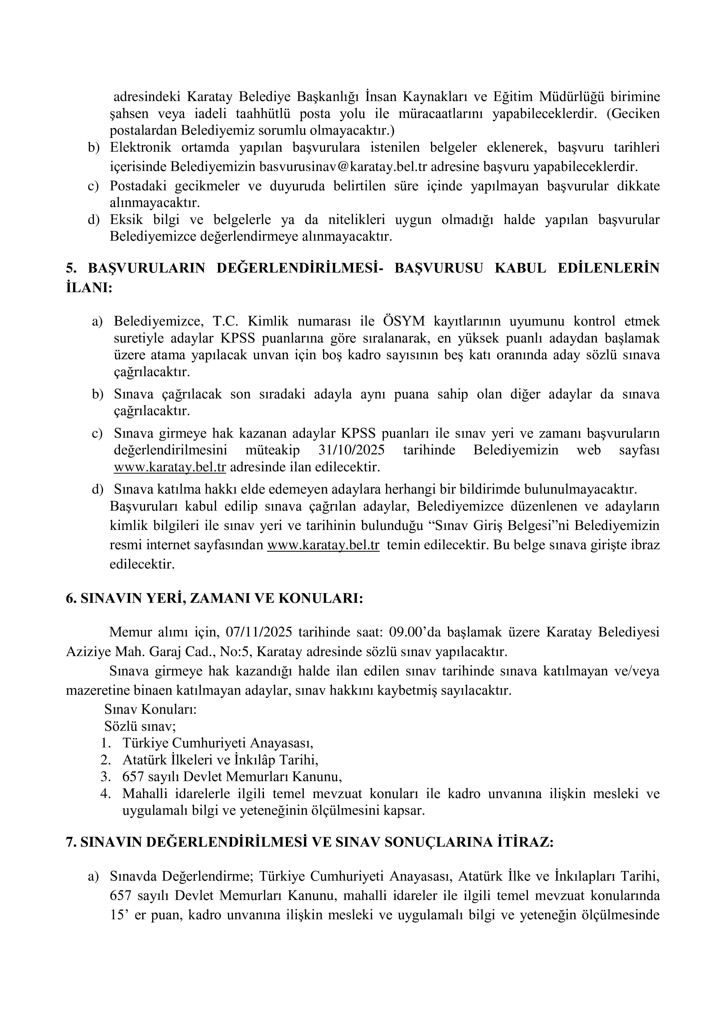 KARATAY BELEDİYE BAŞKANLIĞI 3 MEMUR ALACAK ( 20 Ekim - 24 Ekim) İlan İçeriği Sayfa 3