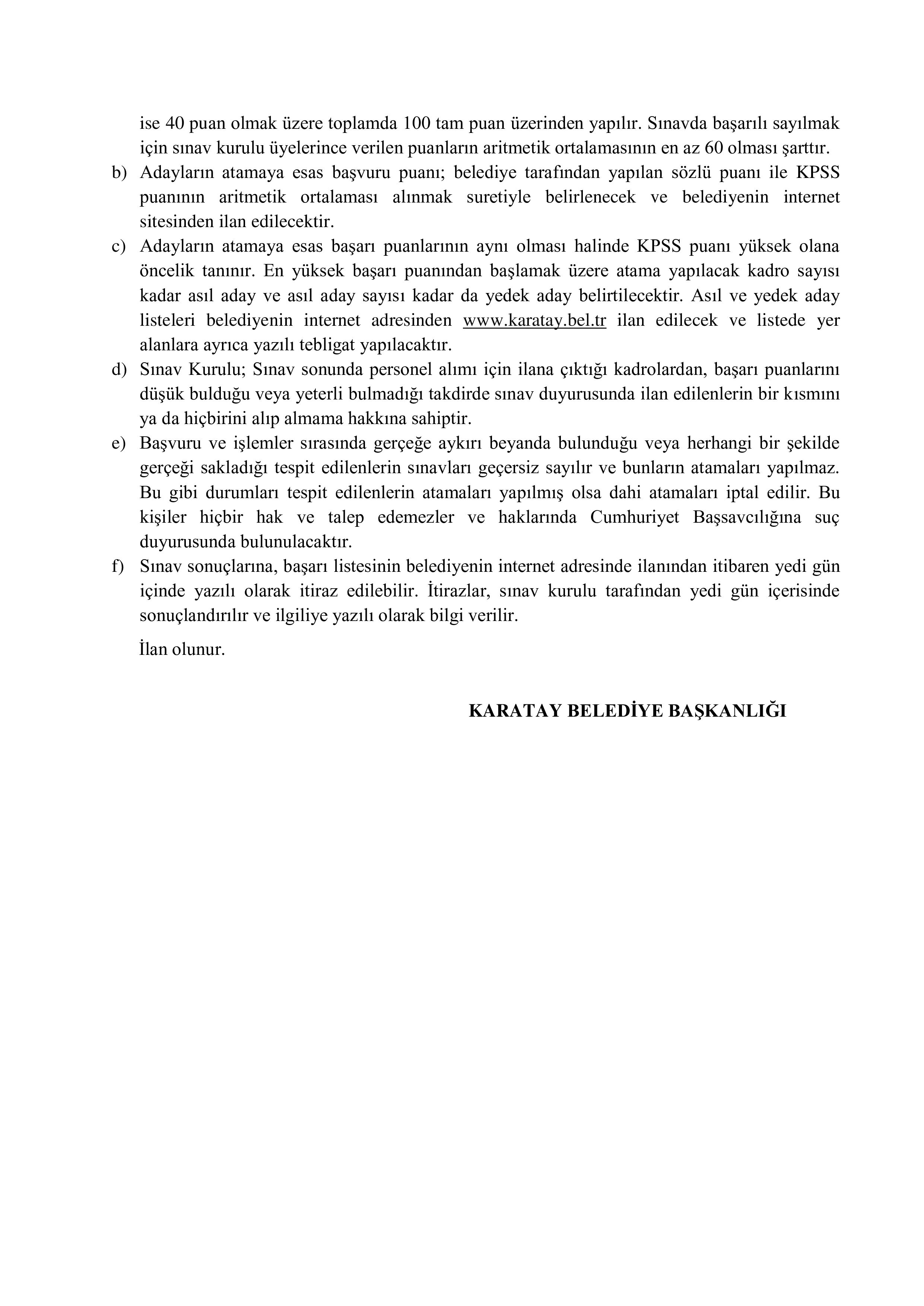 KARATAY BELEDİYE BAŞKANLIĞI 3 MEMUR ALACAK ( 20 Ekim - 24 Ekim) İlan İçeriği Sayfa 4