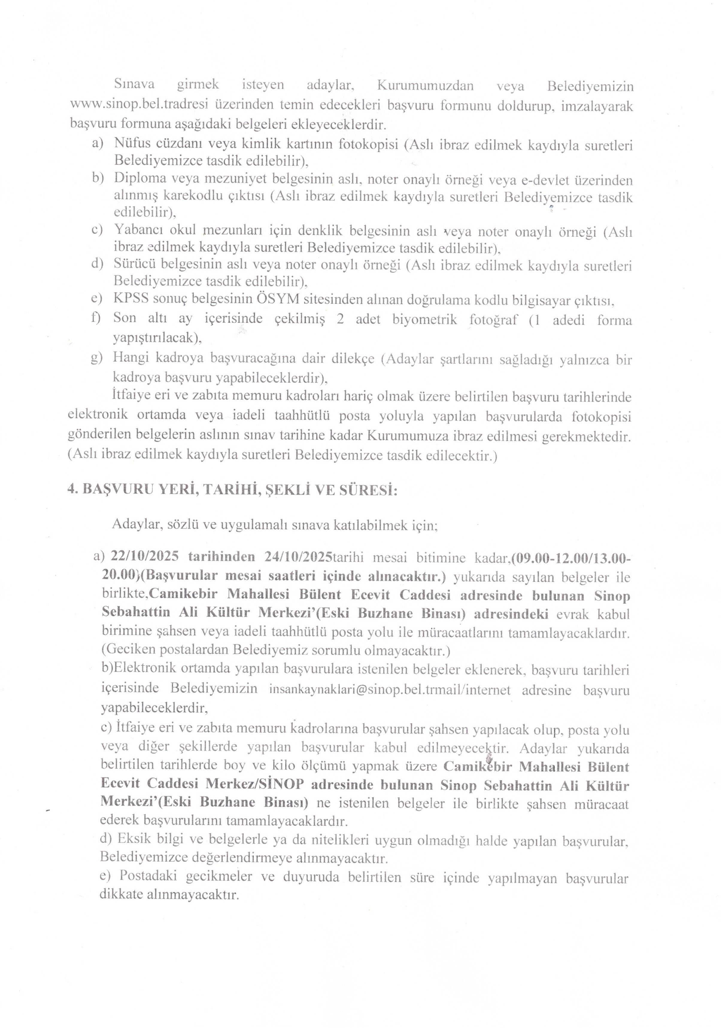 SİNOP BELEDİYE BAŞKANLIĞI 25 MEMUR ALACAK ( 22 Ekim - 24 Ekim) İlan İçeriği Sayfa 4