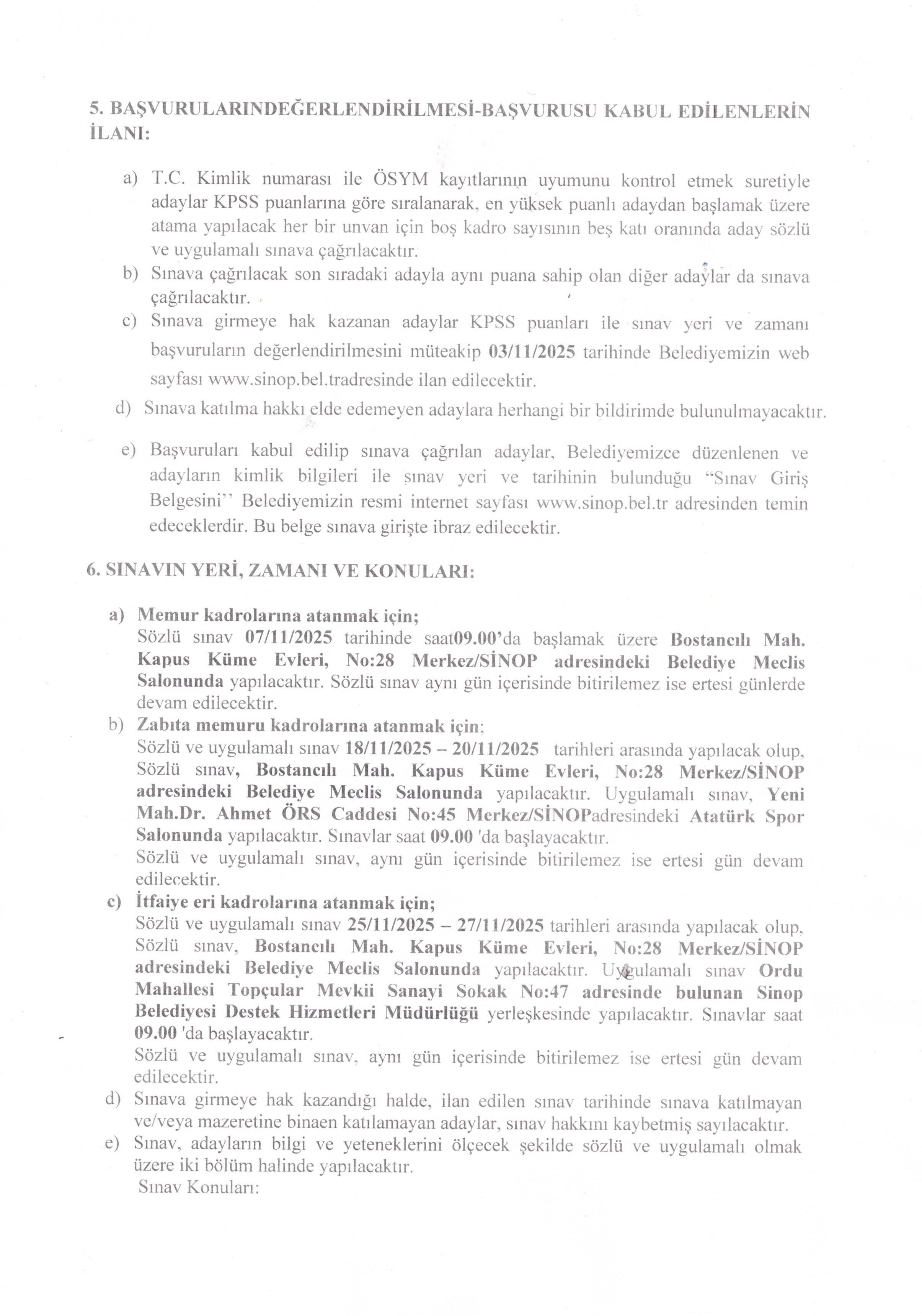 SİNOP BELEDİYE BAŞKANLIĞI 25 MEMUR ALACAK ( 22 Ekim - 24 Ekim) İlan İçeriği Sayfa 5