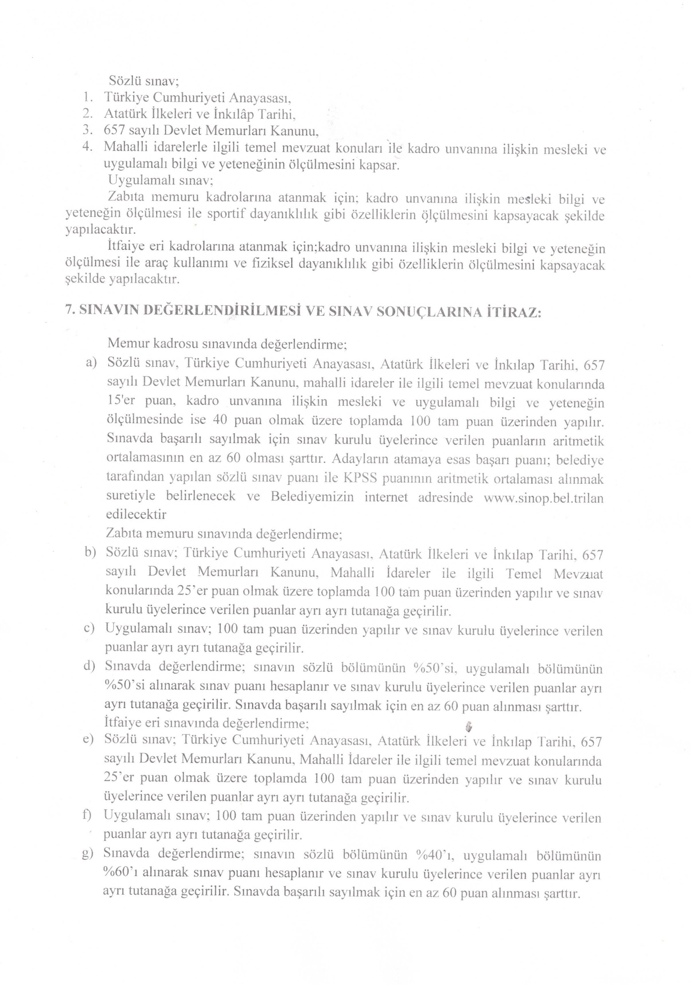 SİNOP BELEDİYE BAŞKANLIĞI 25 MEMUR ALACAK ( 22 Ekim - 24 Ekim) İlan İçeriği Sayfa 6