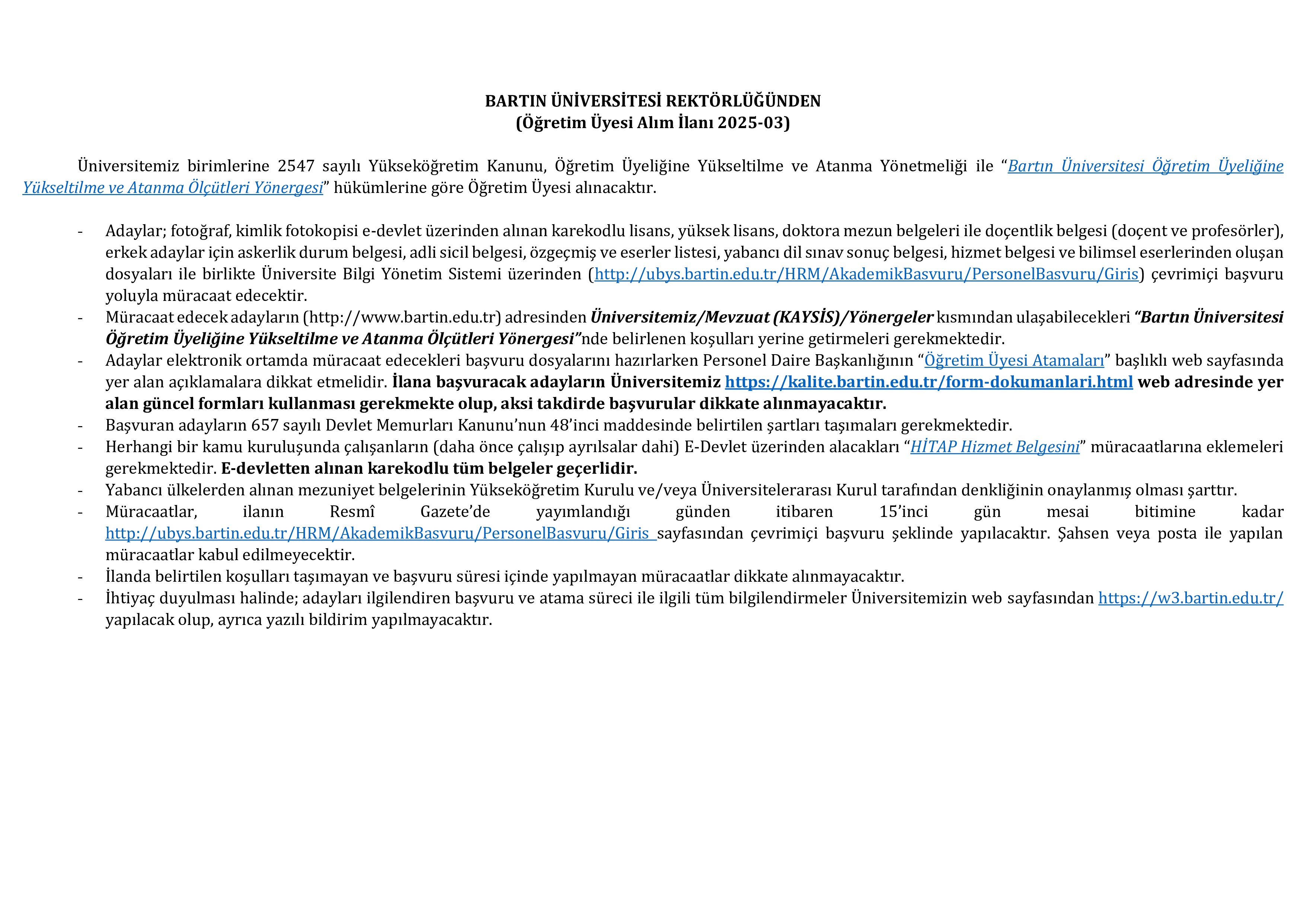 İlan İçeriği Sayfa 1 BARTIN ÜNİVERSİTESİ 2 ÖĞRETİM ÜYESİ ALACAK ( 12 Kasım - 26 Kasım) İlan İçeriği Sayfa 1