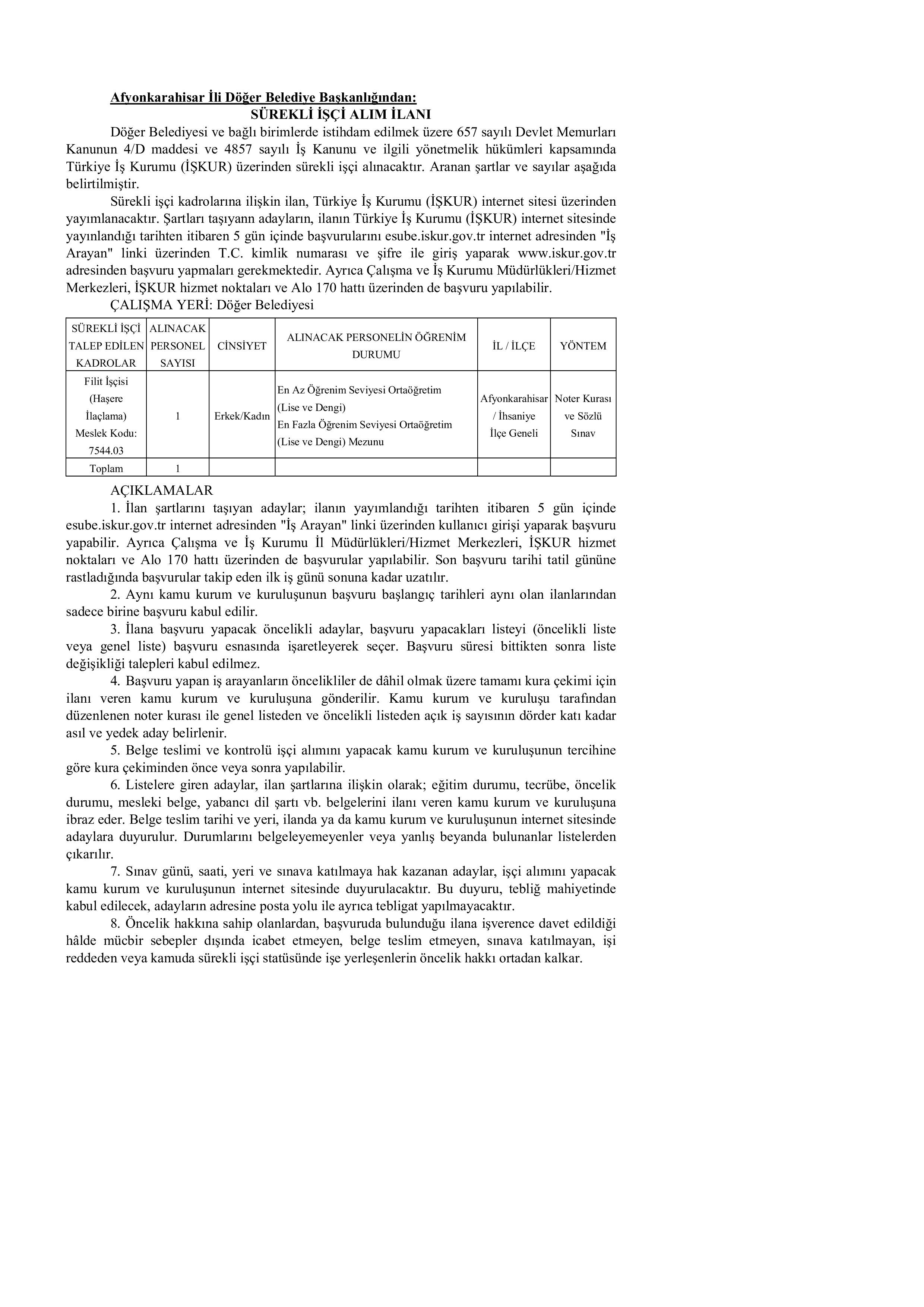 DÖĞER BELEDİYE BAŞKANLIĞI 1 SüREKLİ İŞÇİ ALACAK ( 12 Mart - 16 Mart) İlan İçeriği Sayfa 1