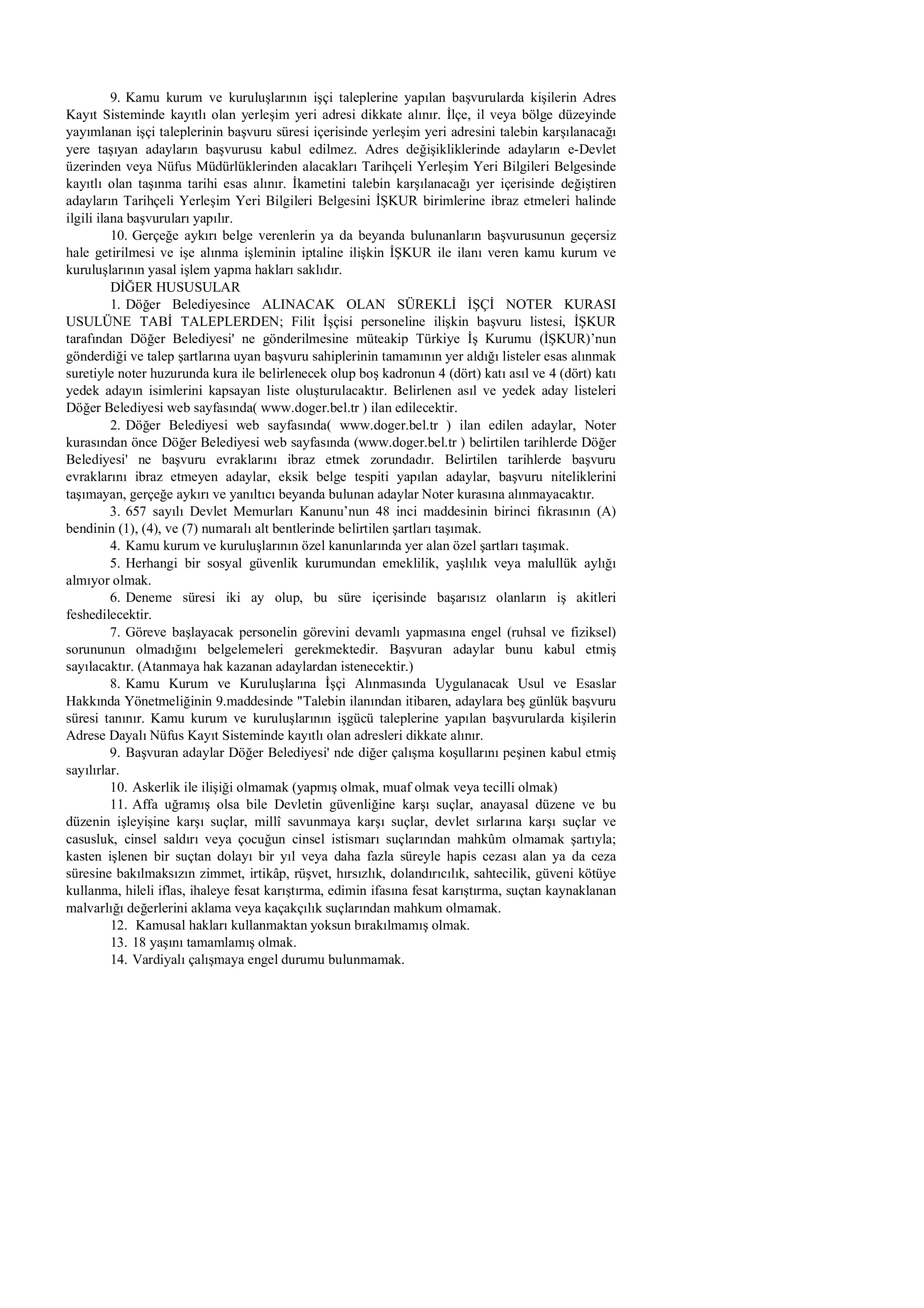 DÖĞER BELEDİYE BAŞKANLIĞI 1 SüREKLİ İŞÇİ ALACAK ( 12 Mart - 16 Mart) İlan İçeriği Sayfa 2