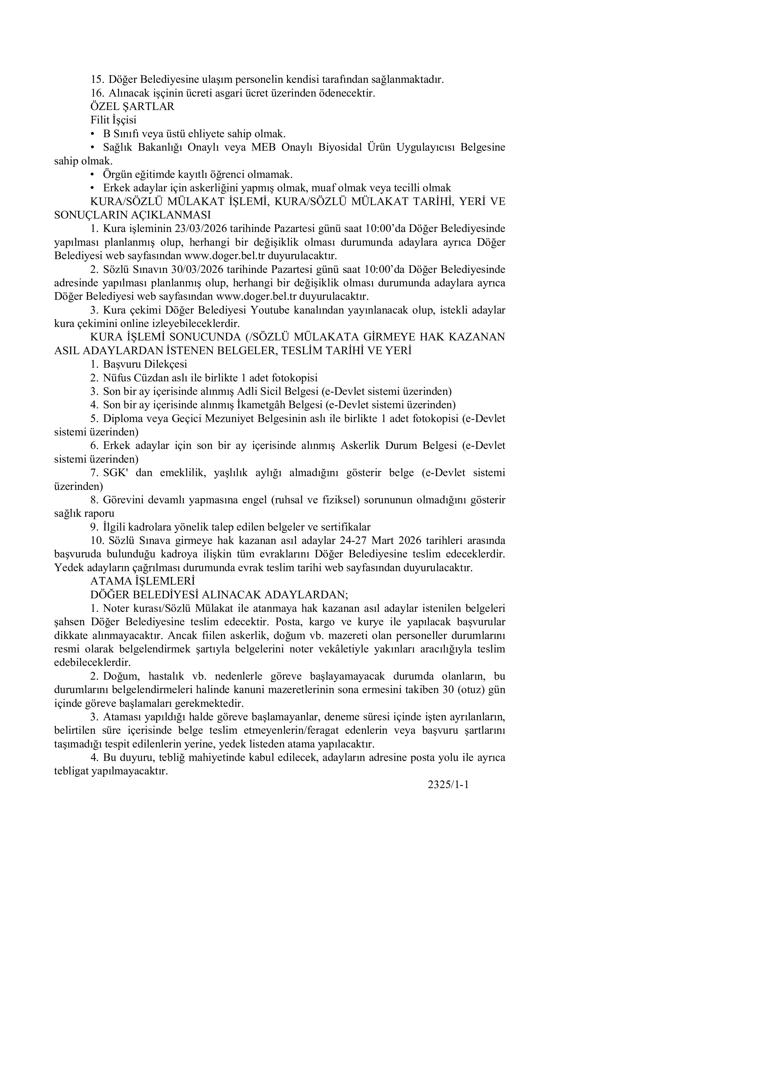 DÖĞER BELEDİYE BAŞKANLIĞI 1 SüREKLİ İŞÇİ ALACAK ( 12 Mart - 16 Mart) İlan İçeriği Sayfa 3