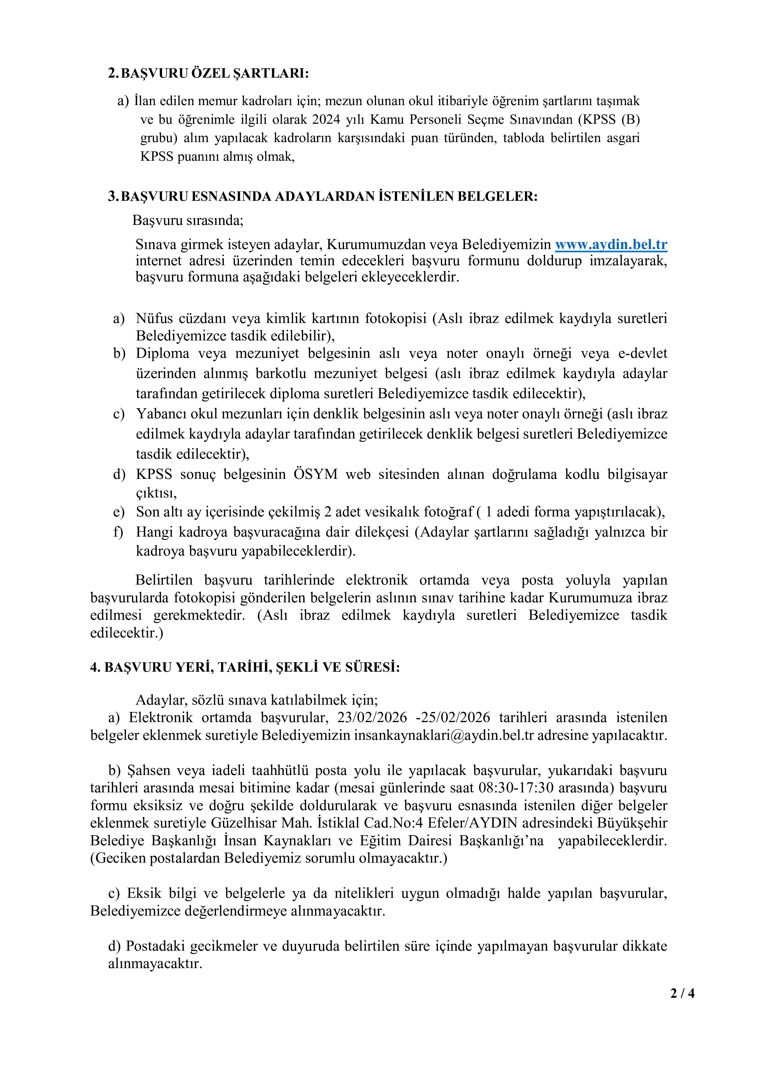 AYDIN BÜYÜKŞEHİR BELEDİYE BAŞKANLIĞI 7 MEMUR ALACAK ( 23 Şubat - 25 Şubat) İlan İçeriği Sayfa 2