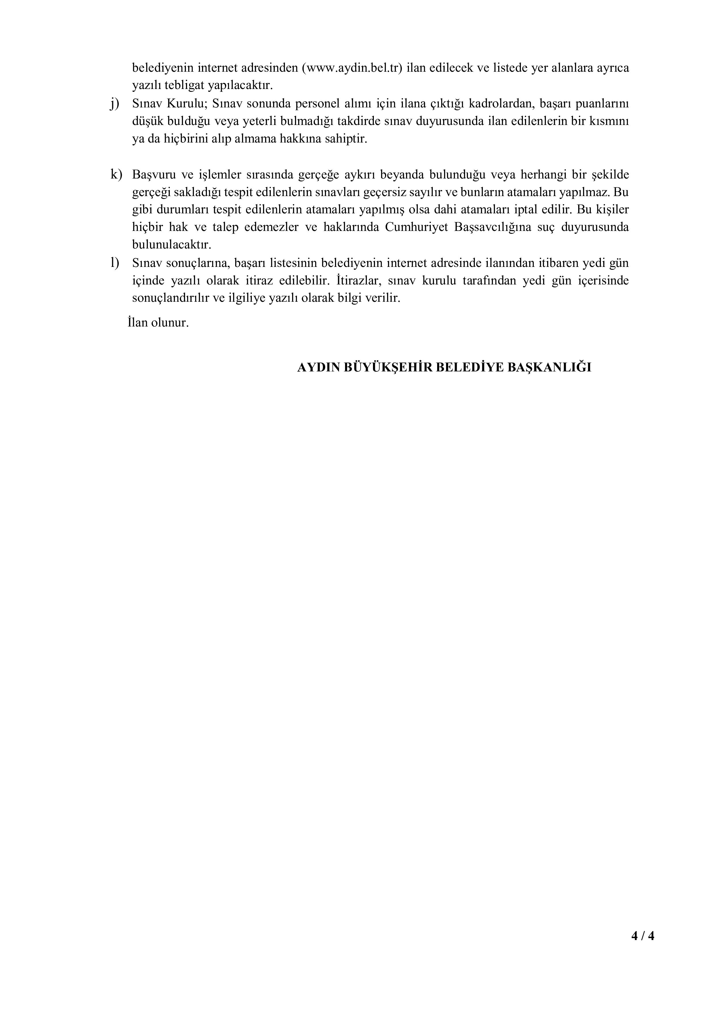 AYDIN BÜYÜKŞEHİR BELEDİYE BAŞKANLIĞI 7 MEMUR ALACAK ( 23 Şubat - 25 Şubat) İlan İçeriği Sayfa 4