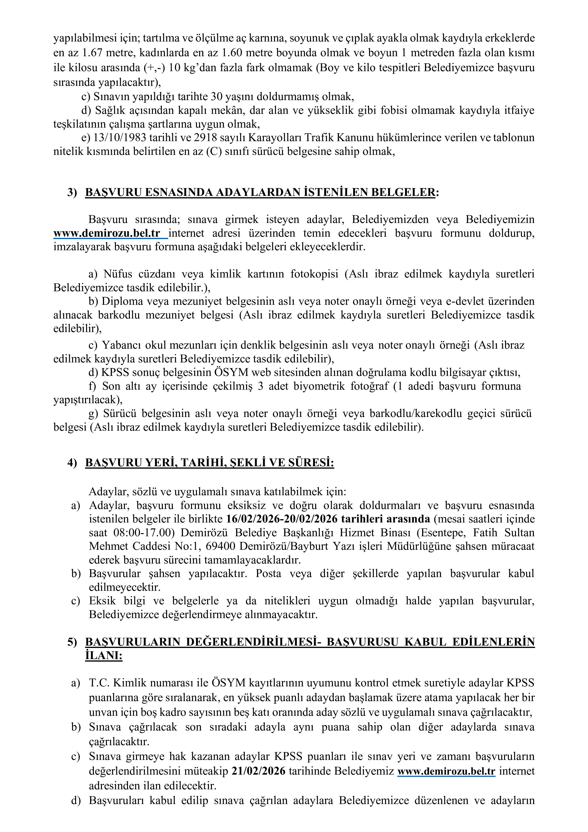 DEMİRÖZÜ BELEDİYE BAŞKANLIĞI 1 MEMUR ALACAK ( 16 Şubat - 20 Şubat) İlan İçeriği Sayfa 2