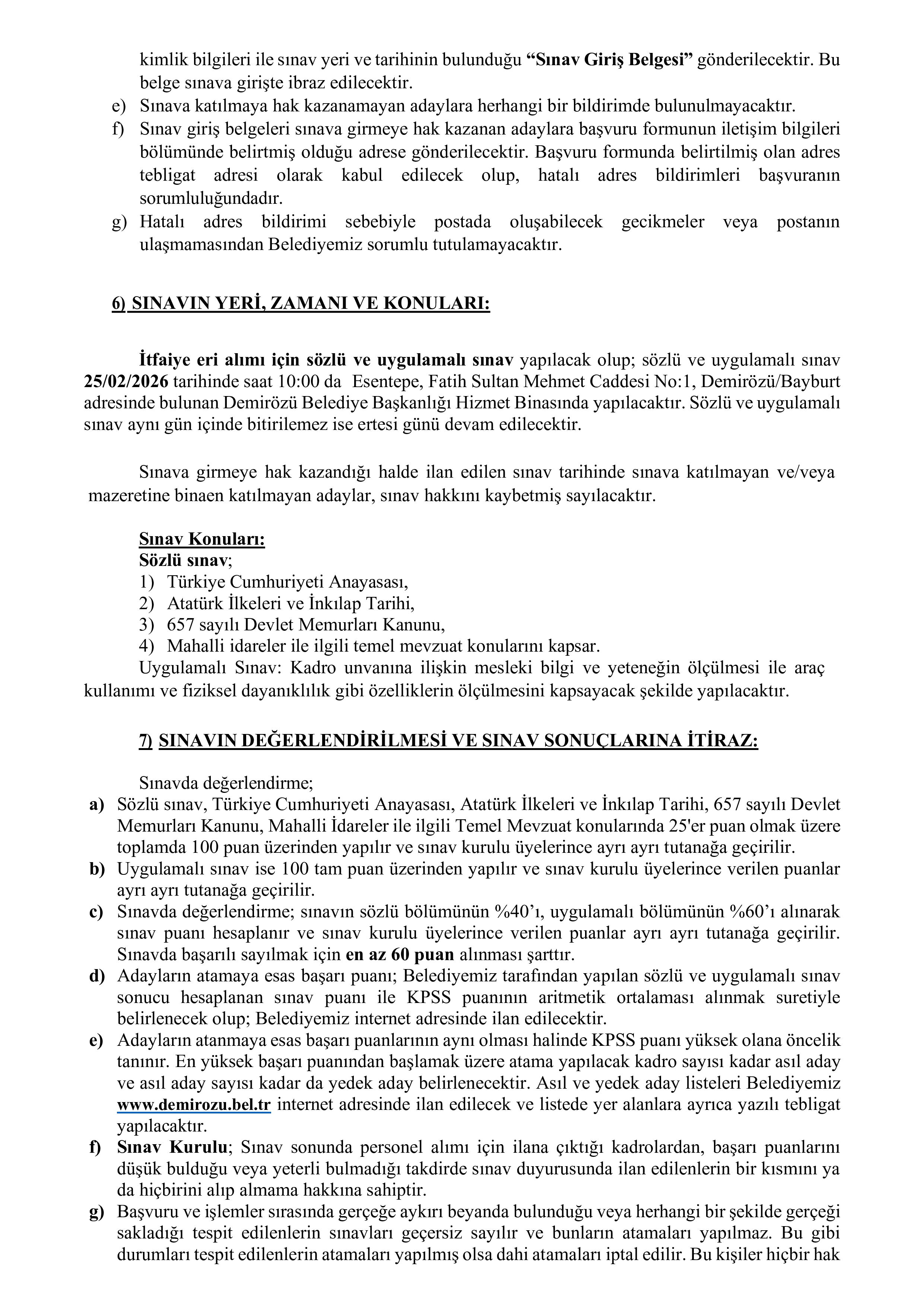 DEMİRÖZÜ BELEDİYE BAŞKANLIĞI 1 MEMUR ALACAK ( 16 Şubat - 20 Şubat) İlan İçeriği Sayfa 3