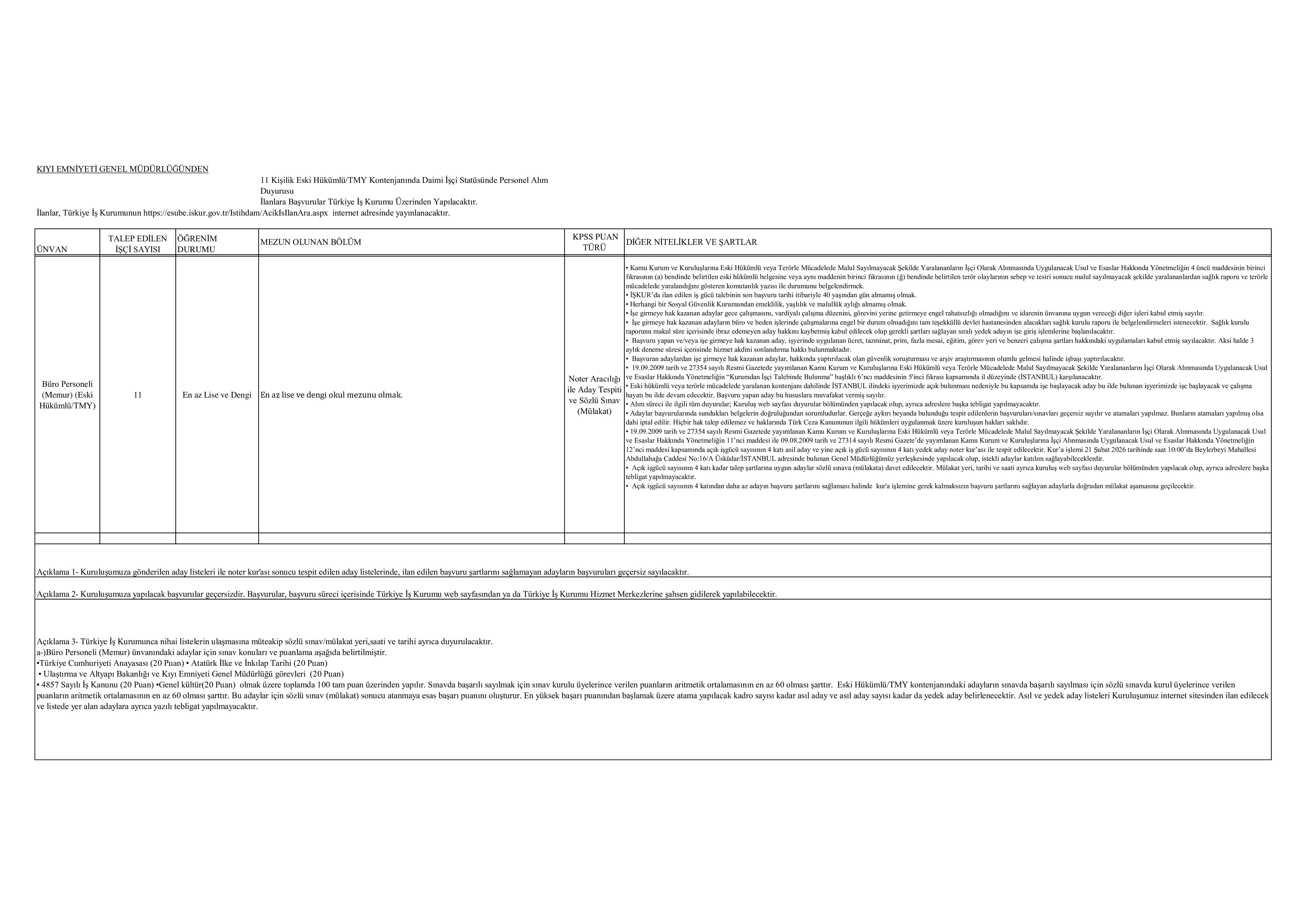 KIYI EMNİYETİ  GENEL MÜDÜRLÜĞÜ 2 SüREKLİ İŞÇİ ALACAK ( 12 Ocak - 16 Ocak) İlan İçeriği Sayfa 1