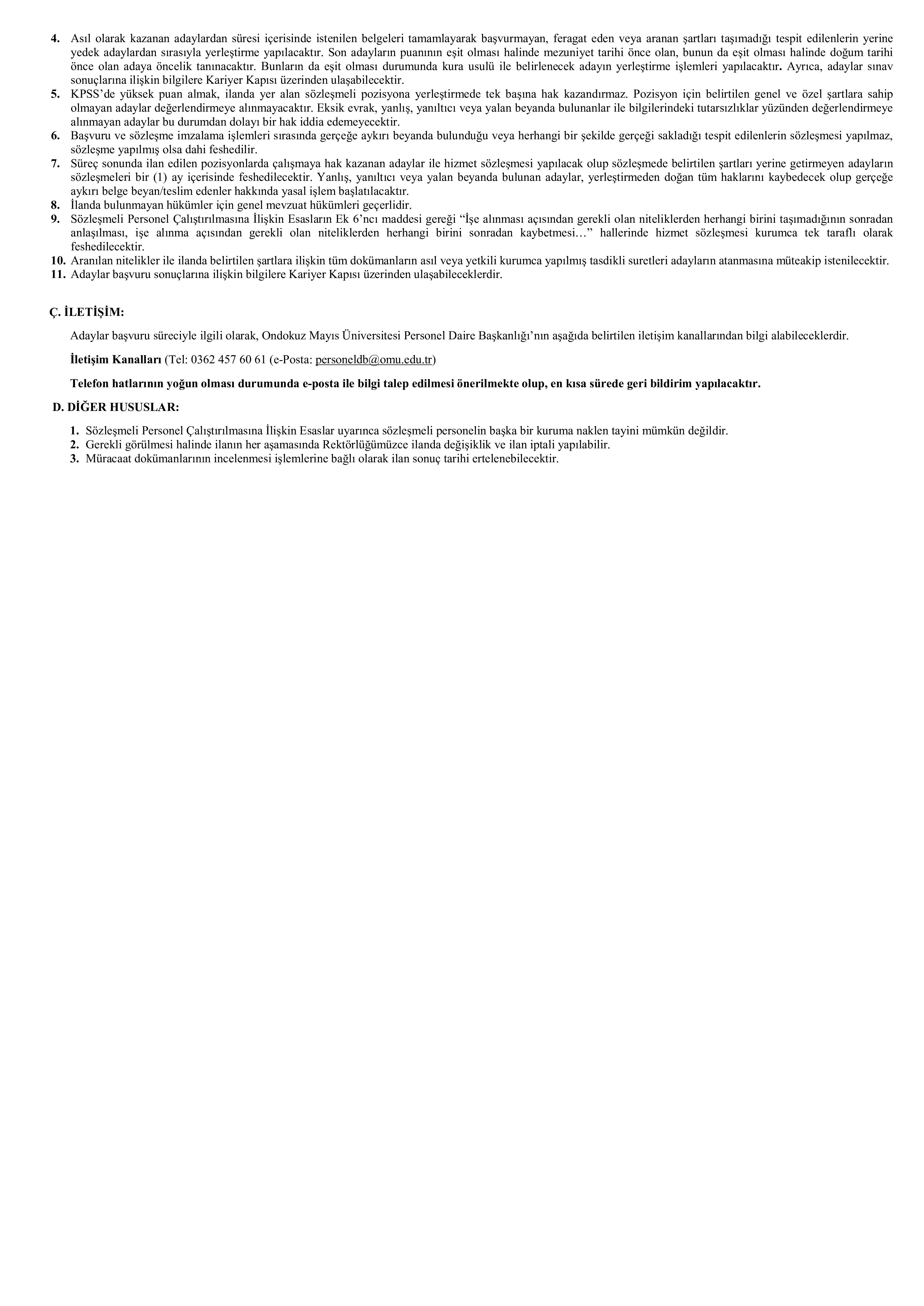 ONDOKUZ MAYIS ÜNİVERSİTESİ 5 SÖZLEŞMELİ PERSONEL ALACAK ( 12 Ocak - 26 Ocak) İlan İçeriği Sayfa 2