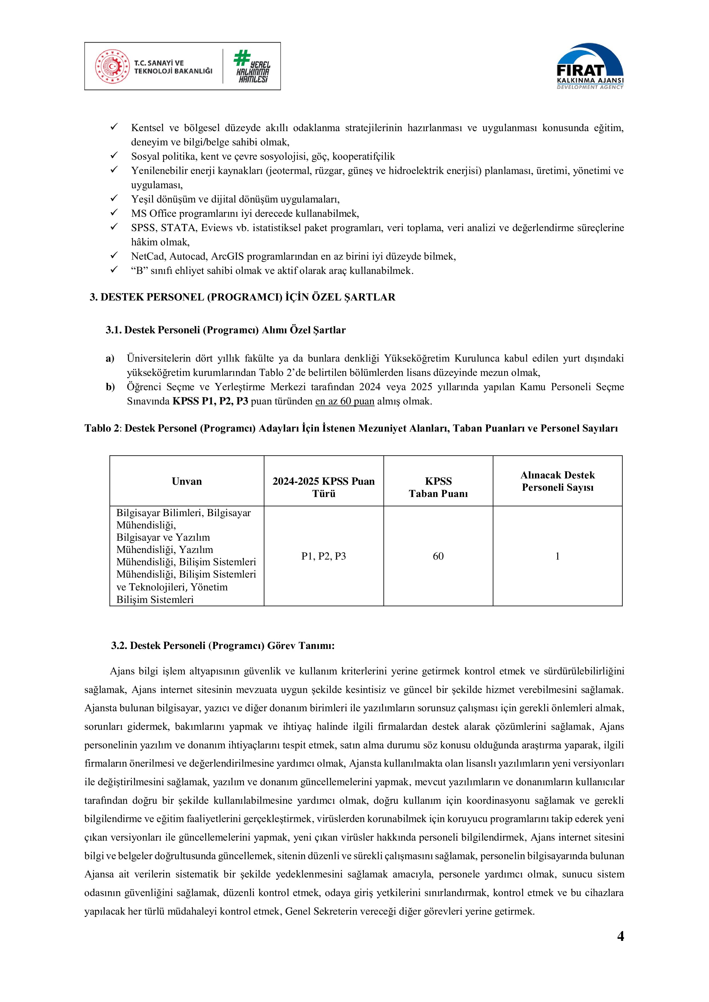 İlan İçeriği Sayfa 4 FIRAT KALKINMA AJANSI 4 UZMAN 1 DESTEK PERSONELİ ALACAK ( 6 Mart - 18 Mart) İlan İçeriği Sayfa 4