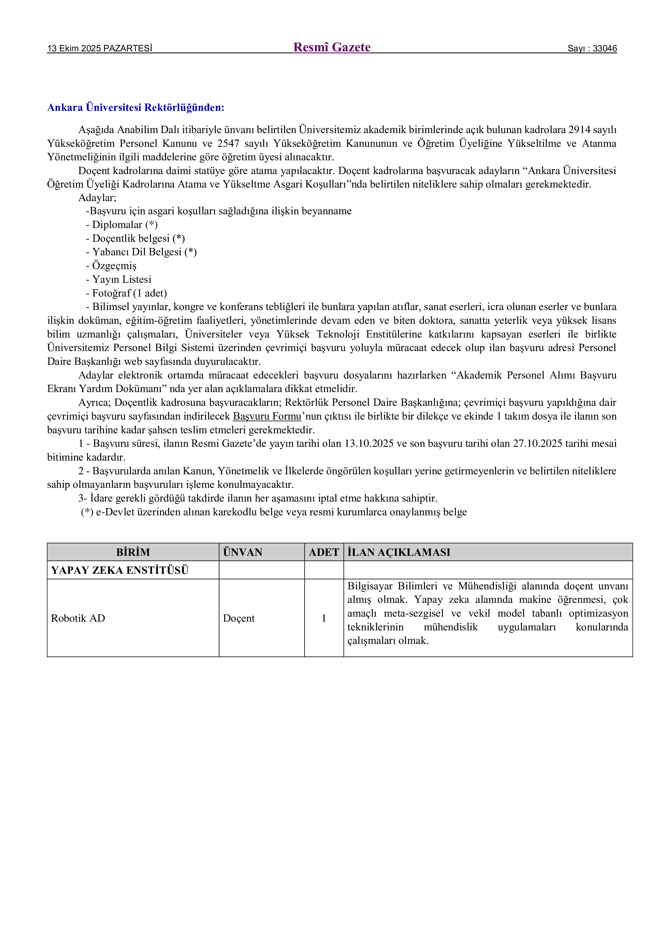 ANKARA ÜNİVERSİTESİ 12  ALACAK ( 13 Ekim - 27 Ekim) İlan İçeriği Sayfa 1