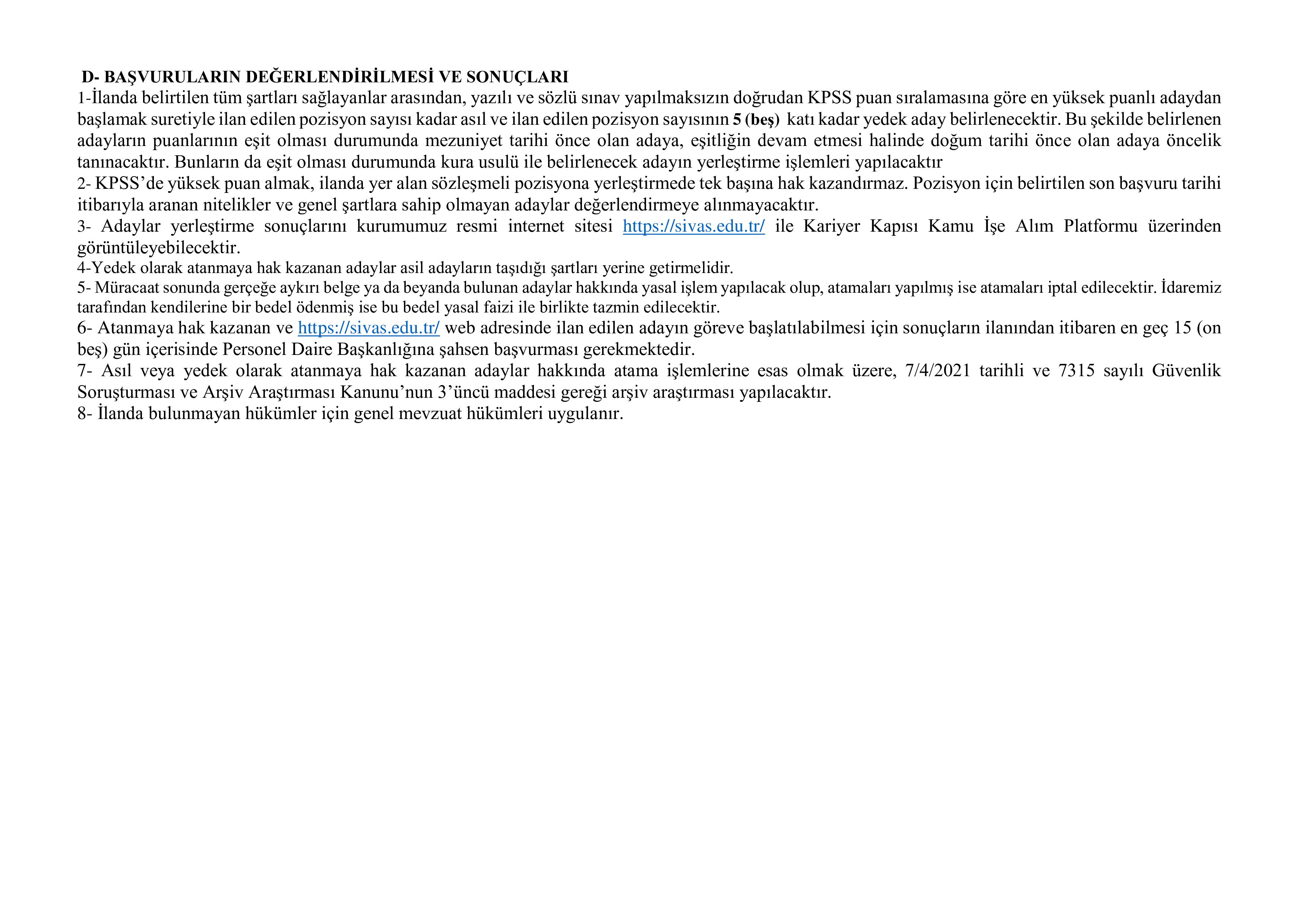 SİVAS BİLİM VE TEKNOLOJİ ÜNİVERSİTESİ 2 SÖZLEŞMELİ PERSONEL ALACAK ( 13 Ekim - 27 Ekim) İlan İçeriği Sayfa 3