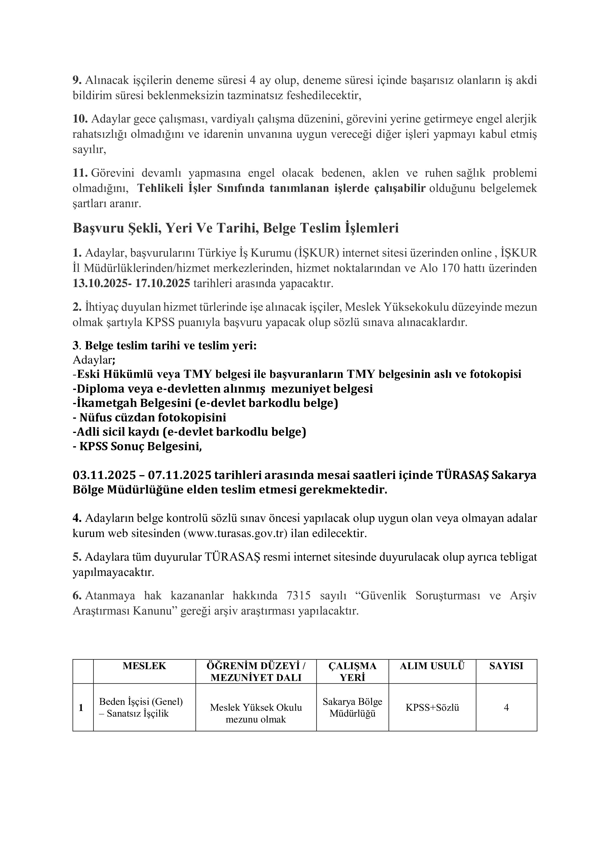TÜRKİYE RAYLI SİSTEM ARAÇLARI SANAYİİ ANONİM ŞİRKETİ 8 ENGELLİ İŞÇİ ALACAK ( 13 Ekim - 17 Ekim) İlan İçeriği Sayfa 2