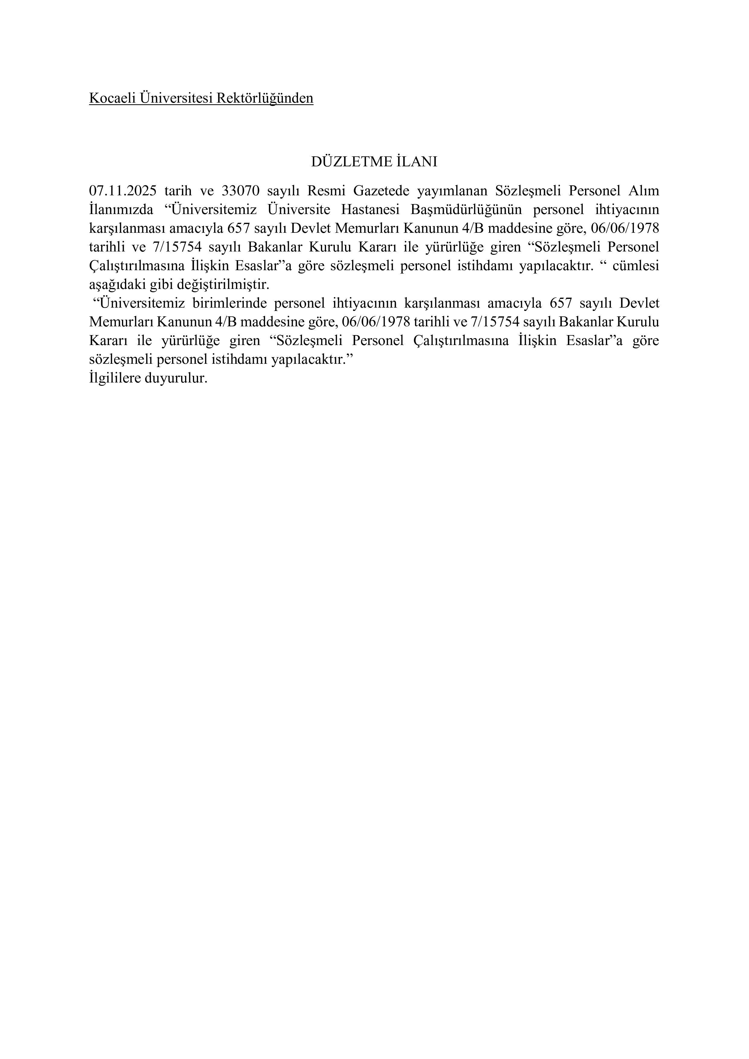 KOCAELİ ÜNİVERSİTESİ DÜZELTME İLANI ( 13 Kasım - 21 Kasım) İlan İçeriği Sayfa 1