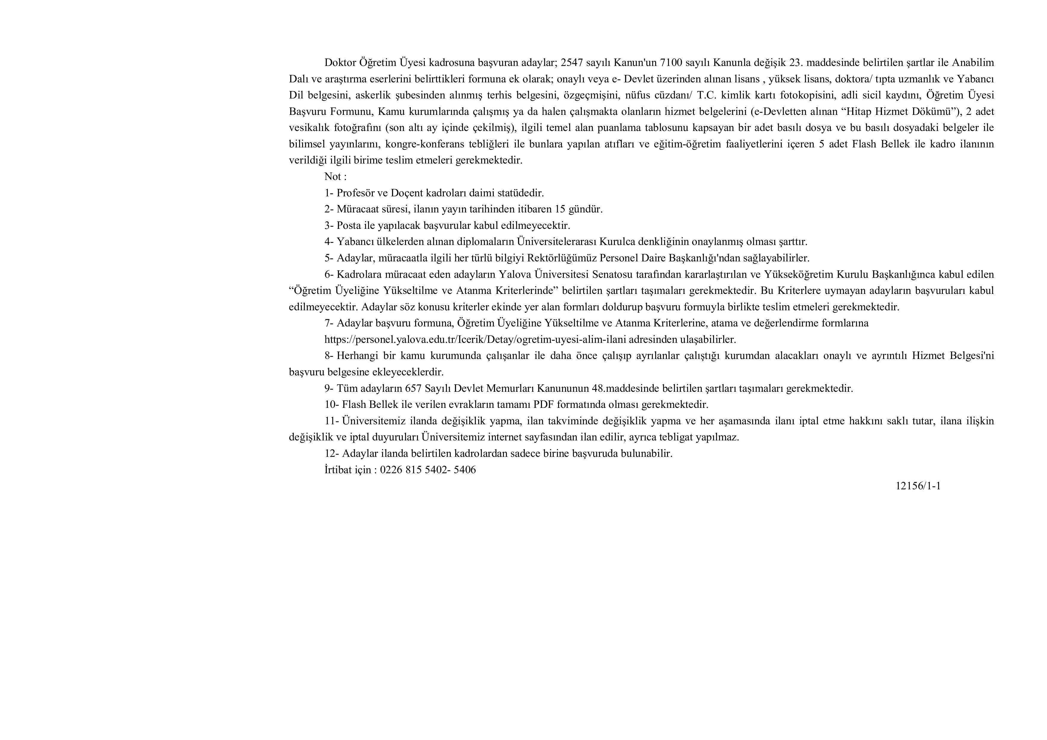 İlan İçeriği Sayfa 3 YALOVA ÜNİVERSİTESİ 11 ÖĞRETİM ÜYESİ ALACAK ( 13 Kasım - 27 Kasım) İlan İçeriği Sayfa 3