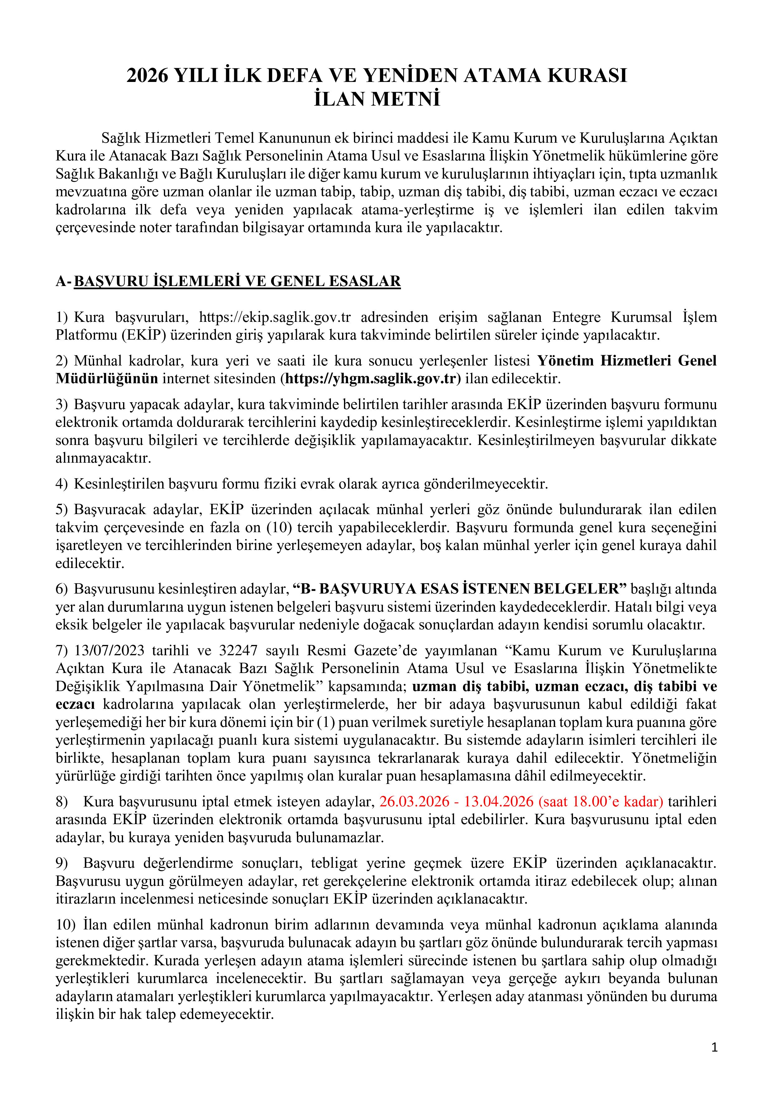 SAĞLIK BAKANLIĞI 2026 YILI İLK DEFA VE YENİDEN ATAMA KURASI ( 16 Mart - 25 Mart) İlan İçeriği Sayfa 1