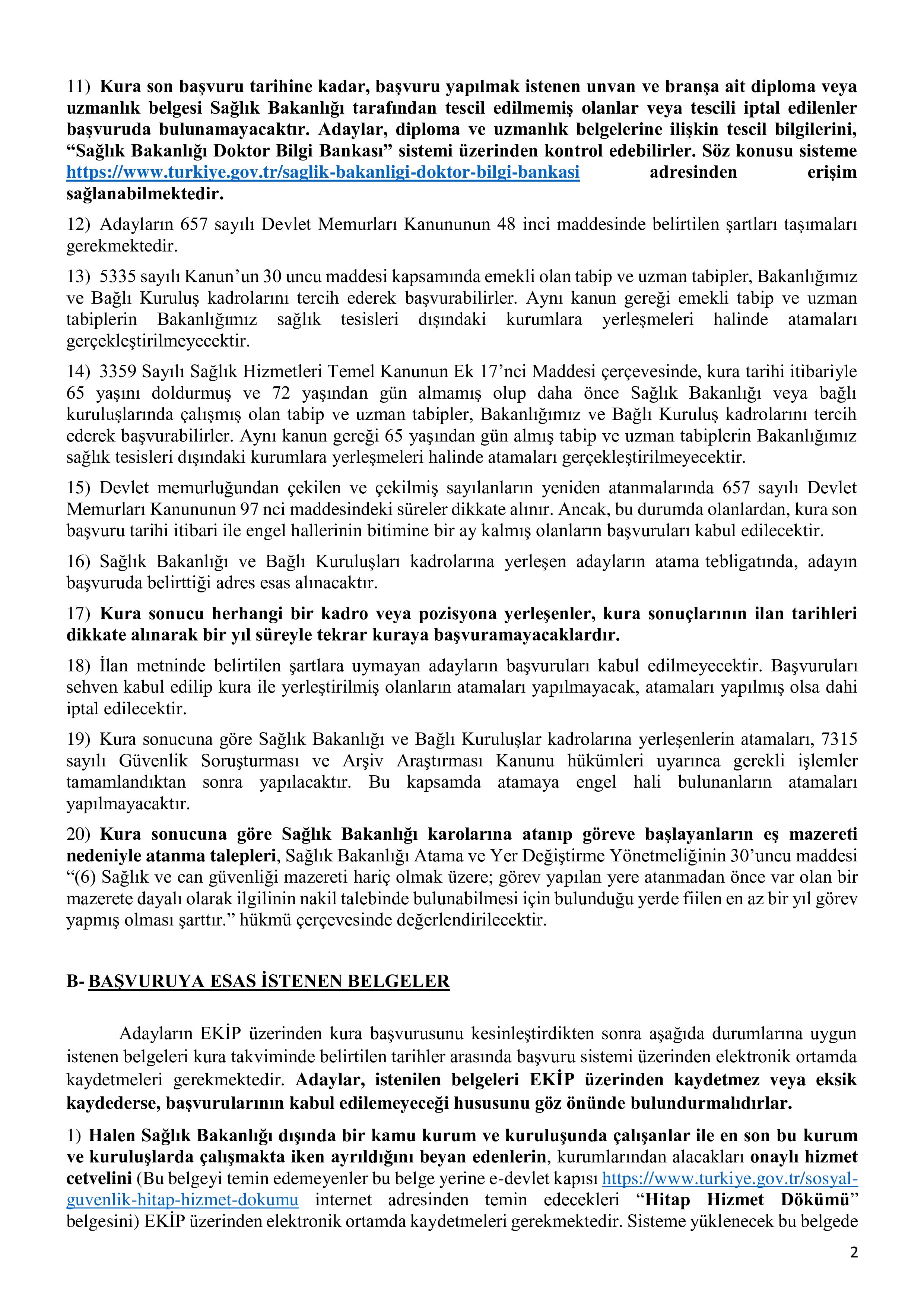 SAĞLIK BAKANLIĞI 2026 YILI İLK DEFA VE YENİDEN ATAMA KURASI ( 16 Mart - 25 Mart) İlan İçeriği Sayfa 2