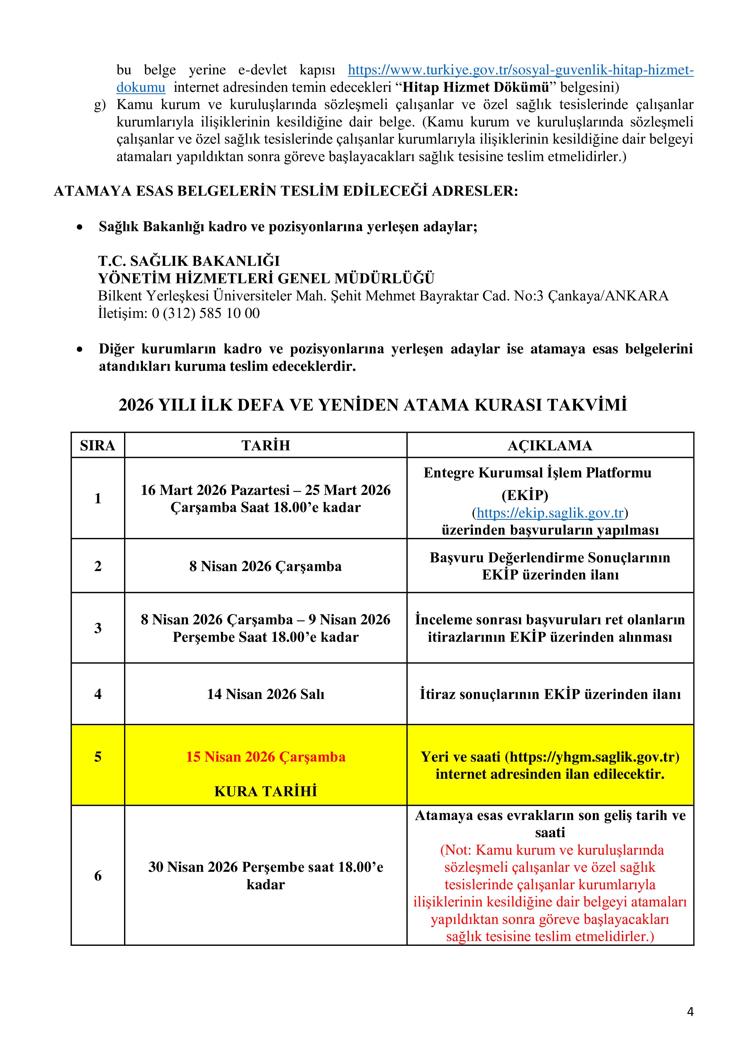 SAĞLIK BAKANLIĞI 2026 YILI İLK DEFA VE YENİDEN ATAMA KURASI ( 16 Mart - 25 Mart) İlan İçeriği Sayfa 4