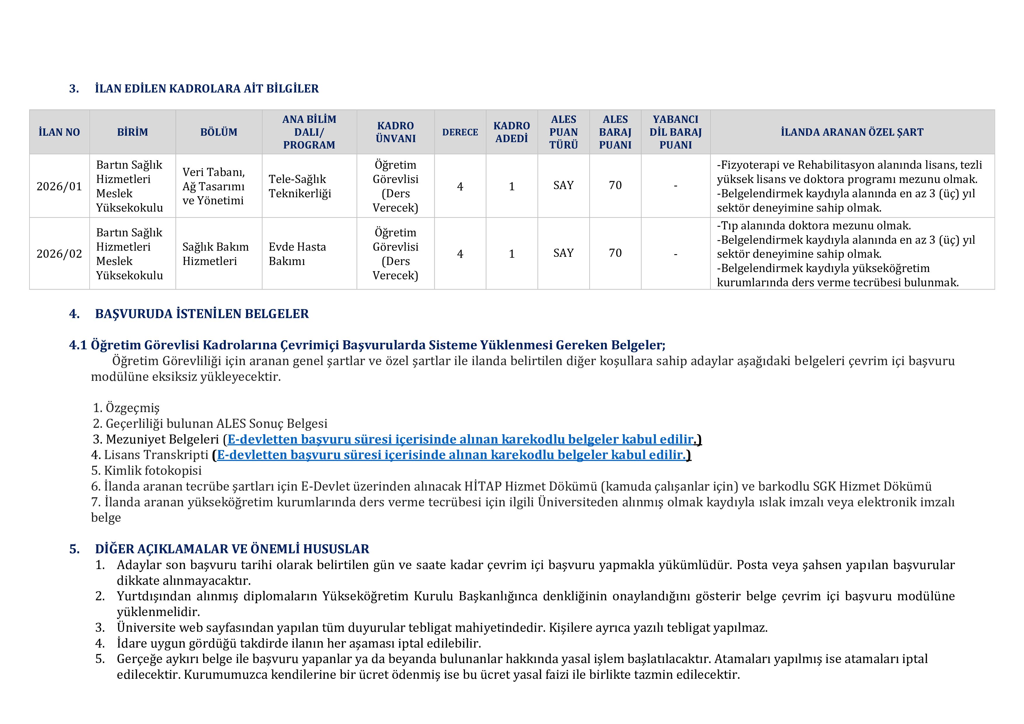 BARTIN ÜNİVERSİTESİ 2 ÖĞRETİM ELEMANI ALACAK ( 13 Nisan - 27 Nisan) İlan İçeriği Sayfa 2