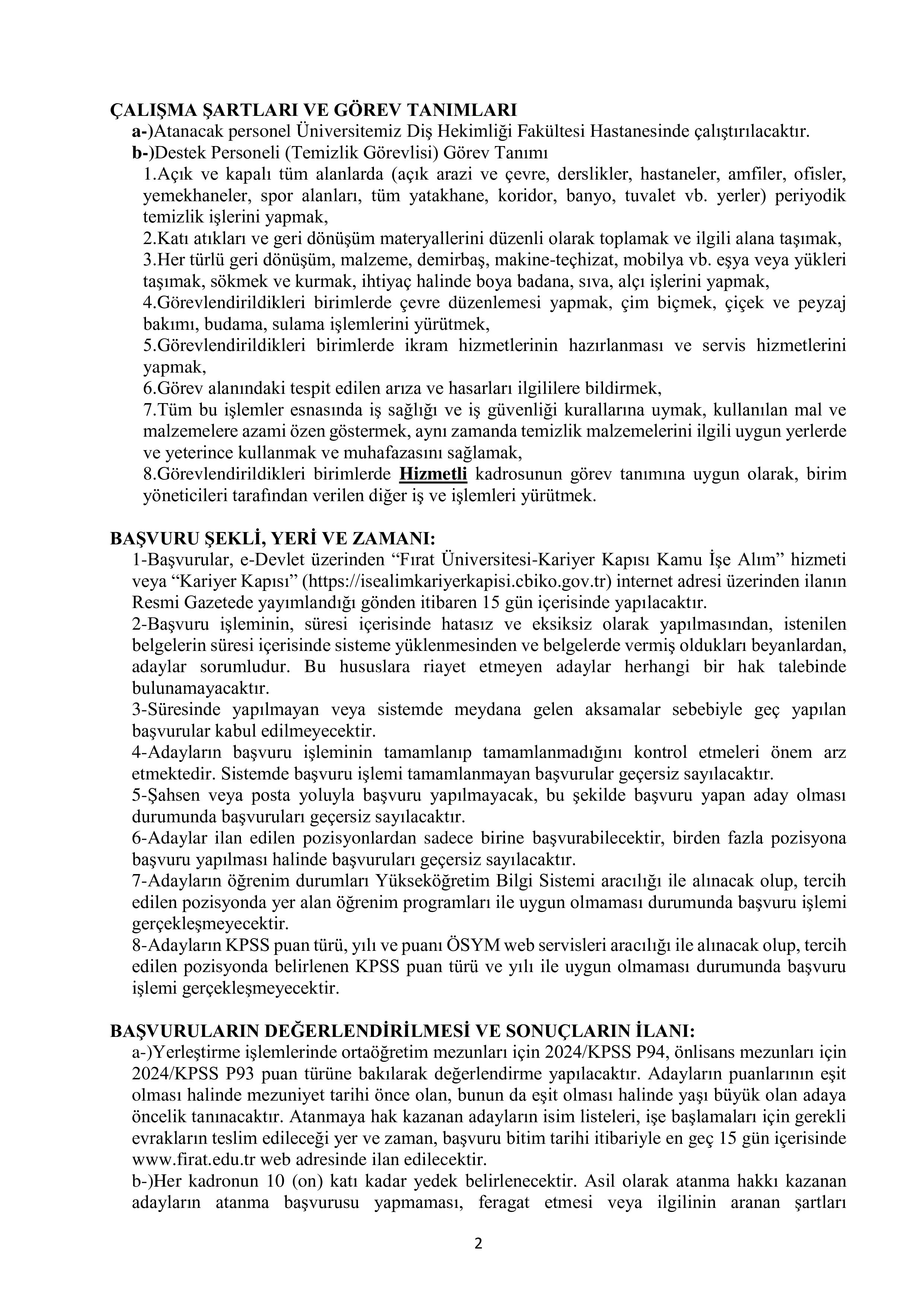 FIRAT ÜNİVERSİTESİ 6 SÖZLEŞMELİ PERSONEL ALACAK ( 13 Nisan - 27 Nisan) İlan İçeriği Sayfa 2