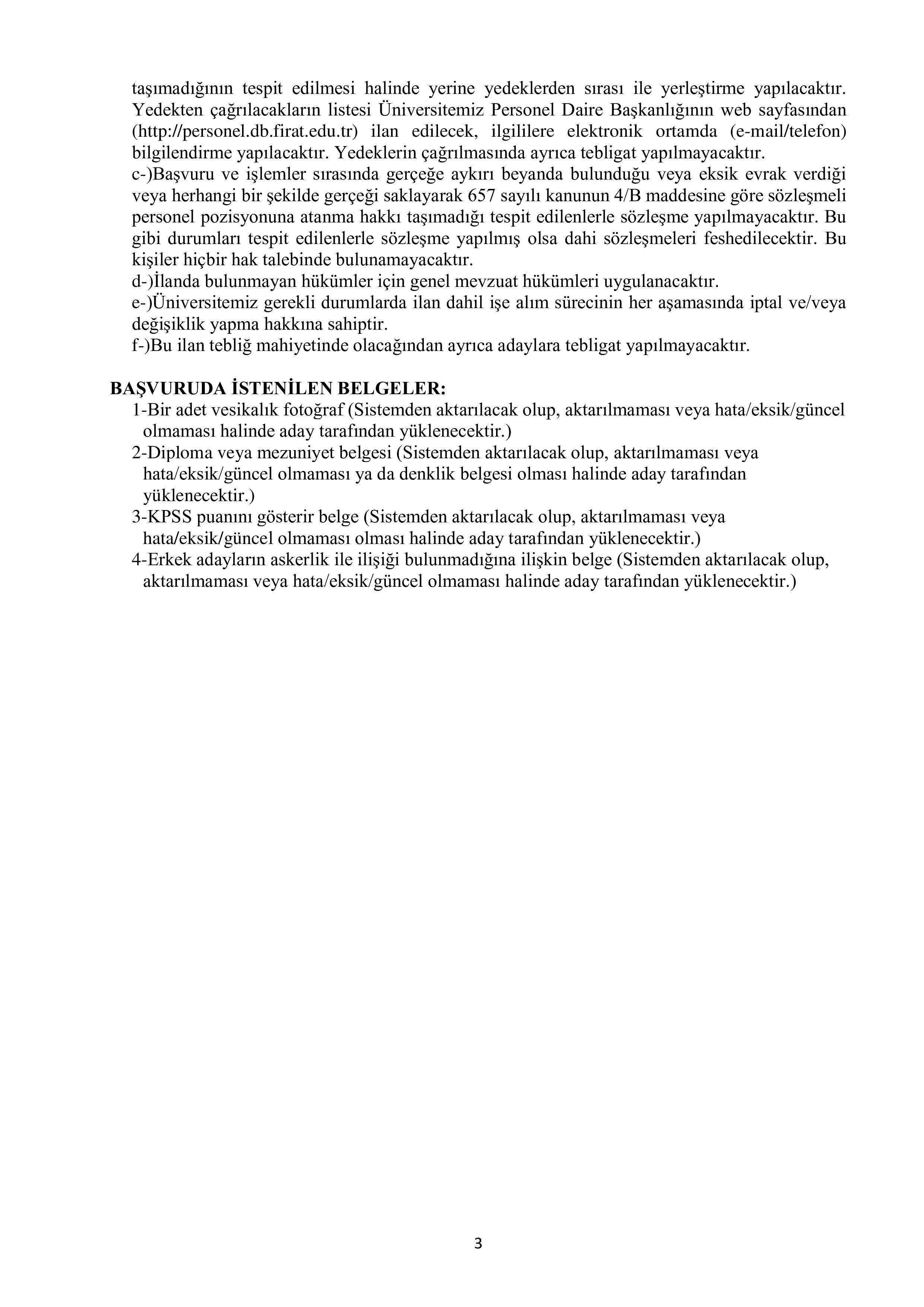FIRAT ÜNİVERSİTESİ 6 SÖZLEŞMELİ PERSONEL ALACAK ( 13 Nisan - 27 Nisan) İlan İçeriği Sayfa 3
