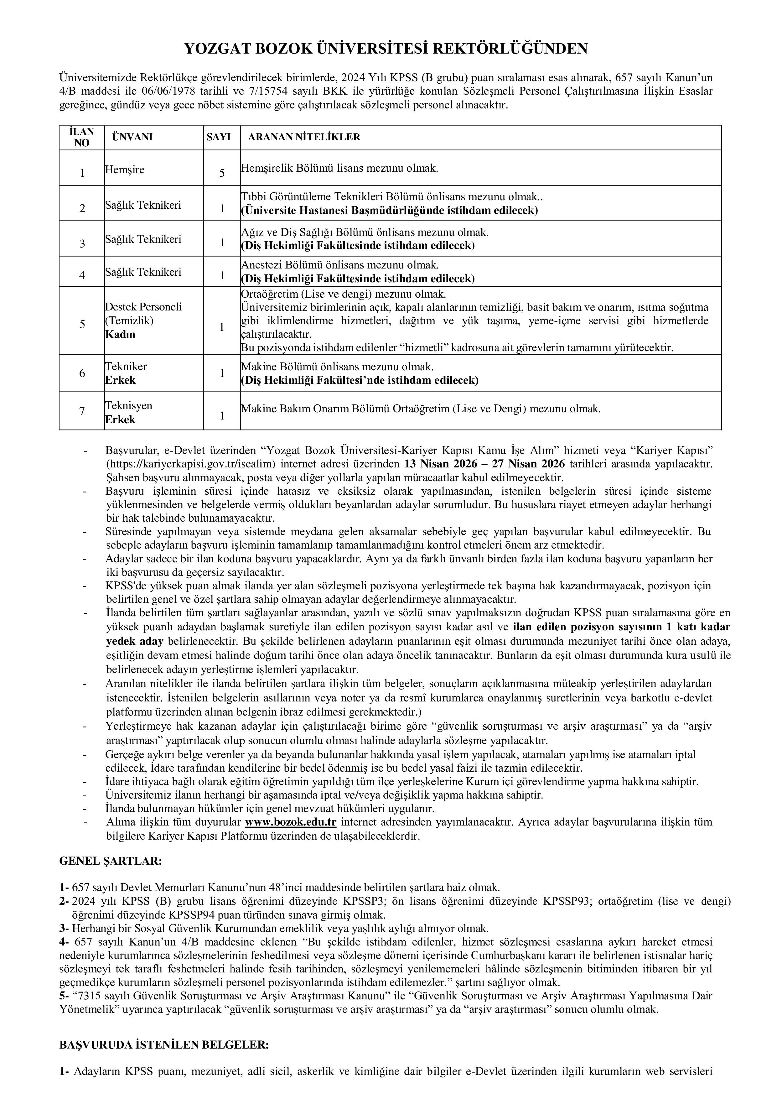 İlan İçeriği Sayfa 1 YOZGAT BOZOK ÜNİVERSİTESİ 11 SÖZLEŞMELİ PERSONEL ALACAK ( 13 Nisan - 27 Nisan) İlan İçeriği Sayfa 1