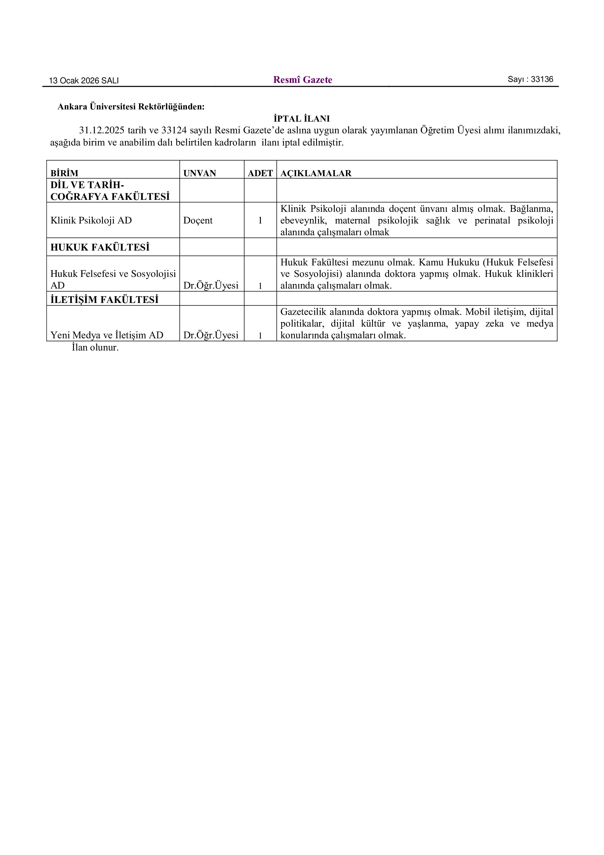 ANKARA ÜNİVERSİTESİ 3 ÖĞRETİM ÜYESİ İPTAL İLANI ( 13 Ocak - 16 Ocak) İlan İçeriği Sayfa 1