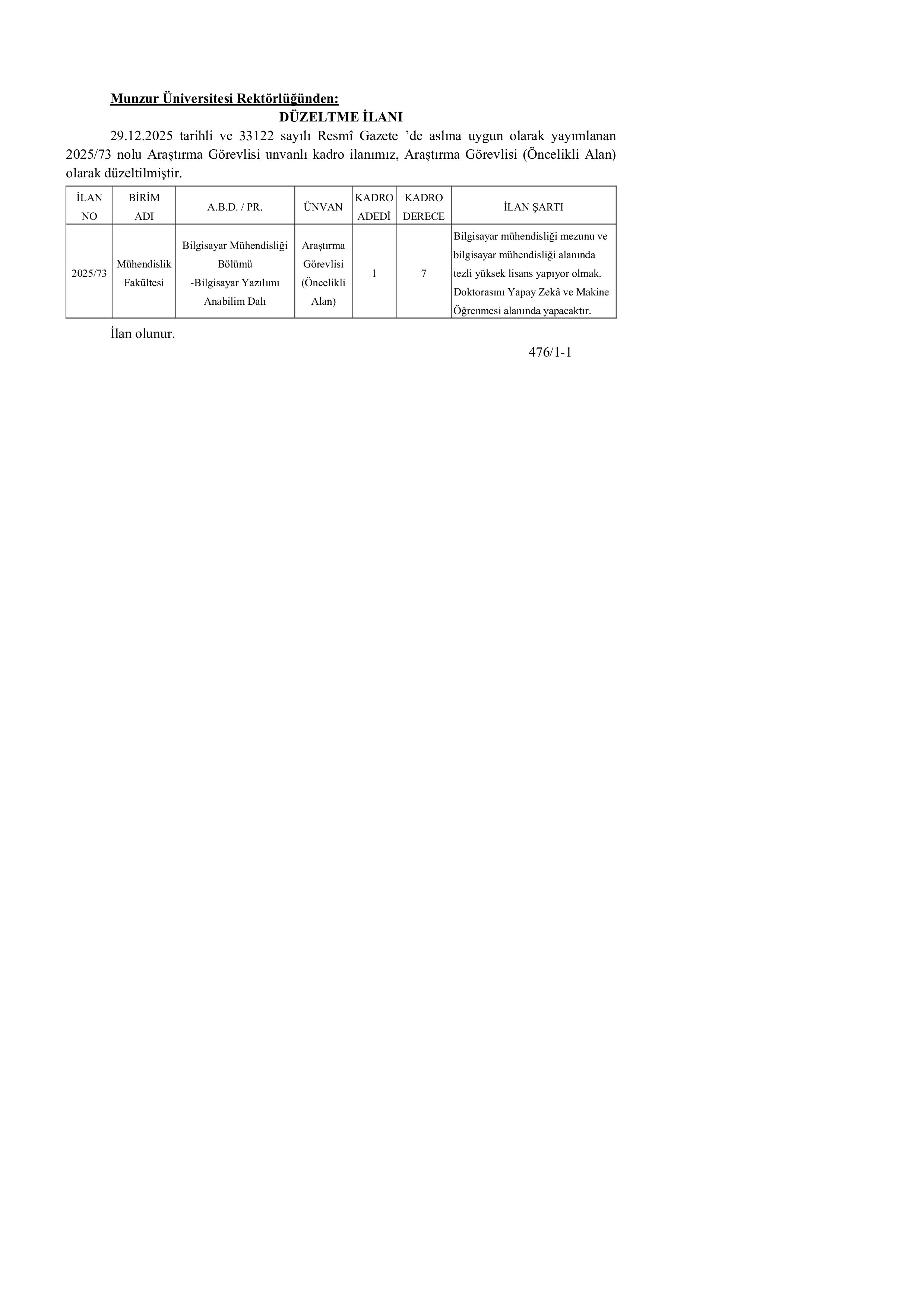 MUNZUR ÜNİVERSİTESİ 1  ALACAK ( 13 Ocak - 23 Ocak) İlan İçeriği Sayfa 1