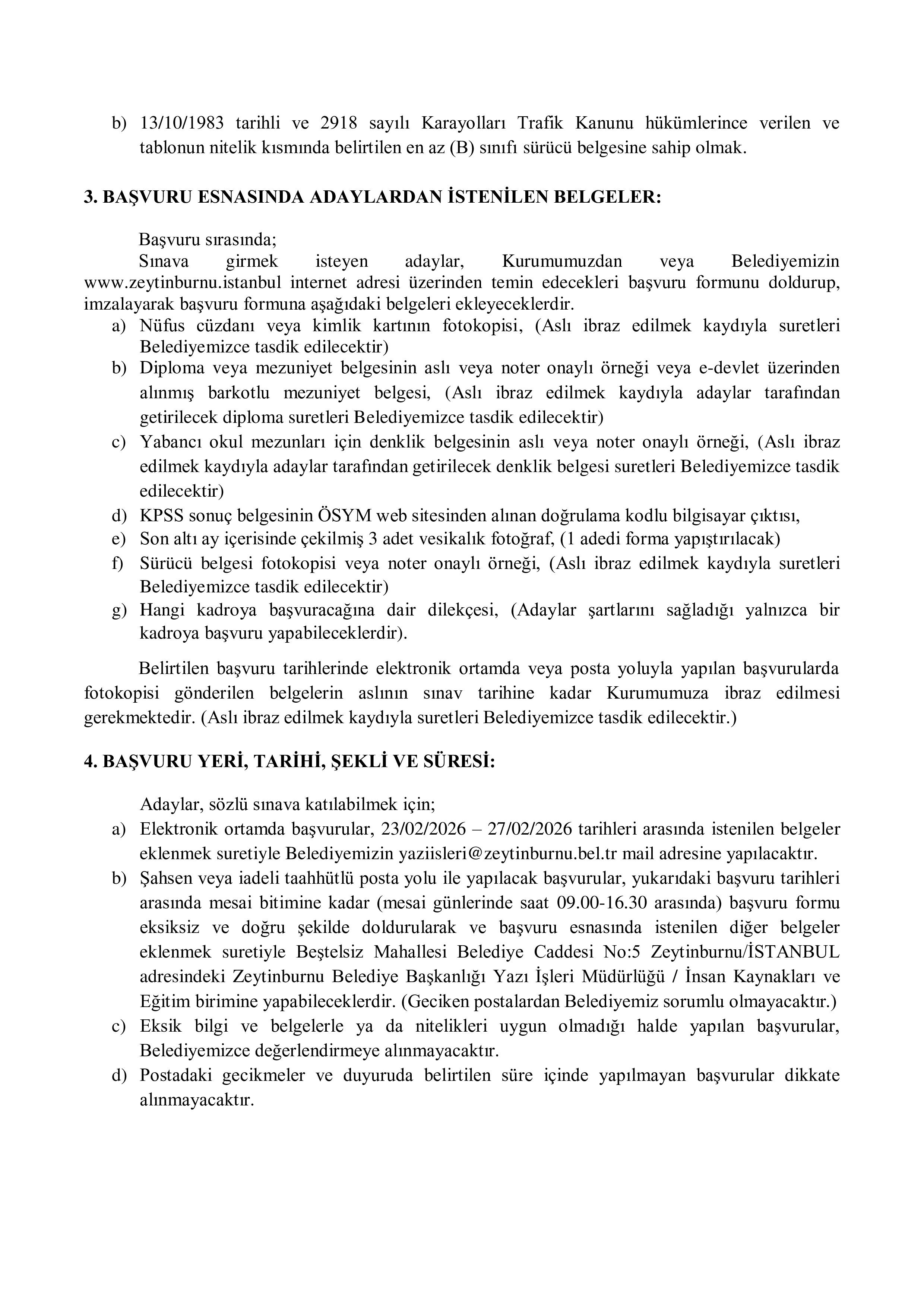 ZEYTİNBURNU BELEDİYE BAŞKANLIĞI 15 MEMUR ALACAK ( 23 Şubat - 27 Şubat) İlan İçeriği Sayfa 3
