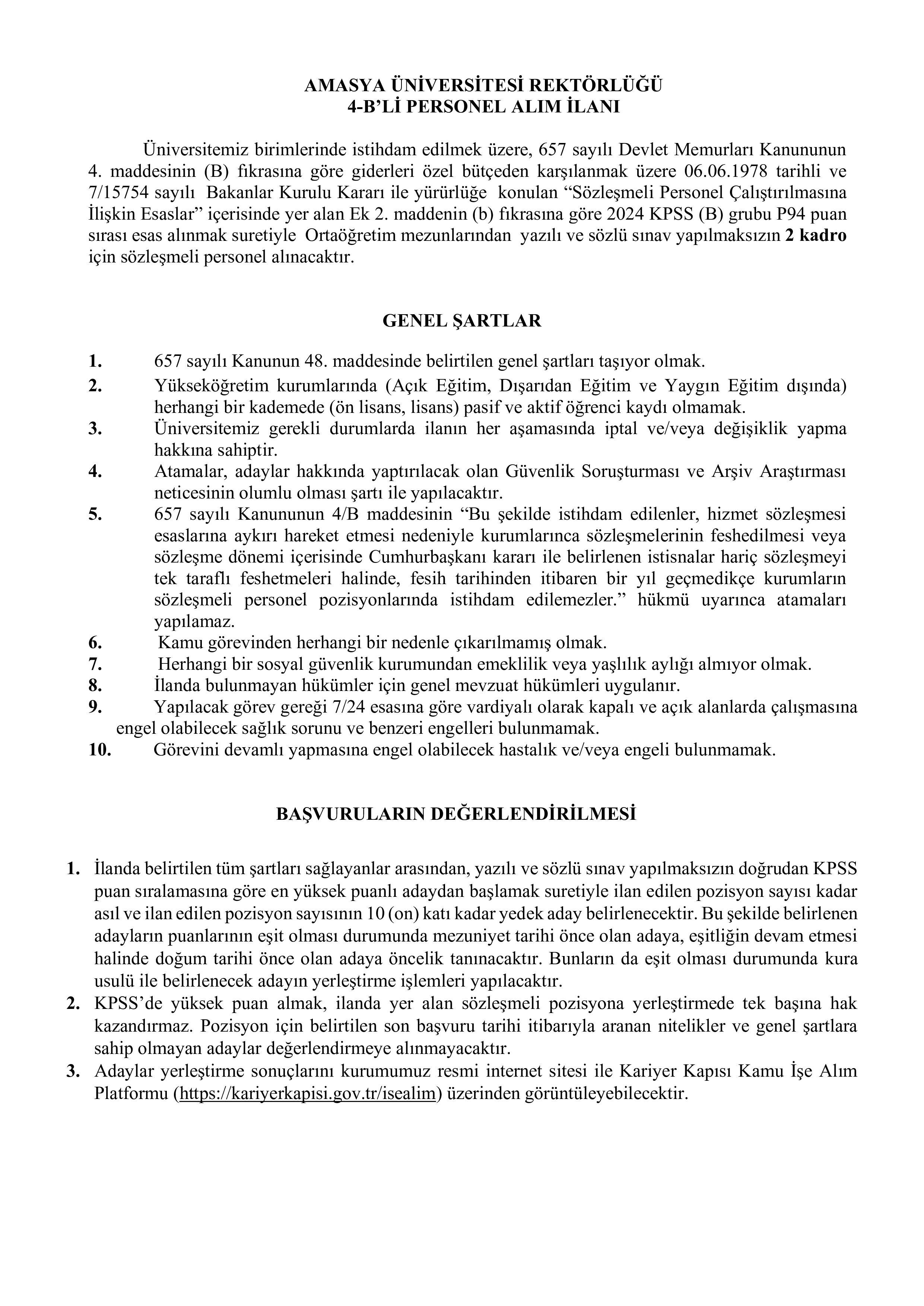 AMASYA ÜNİVERSİTESİ 2 SÖZLEŞMELİ PERSONEL ALACAK ( 13 Şubat - 27 Şubat) İlan İçeriği Sayfa 1