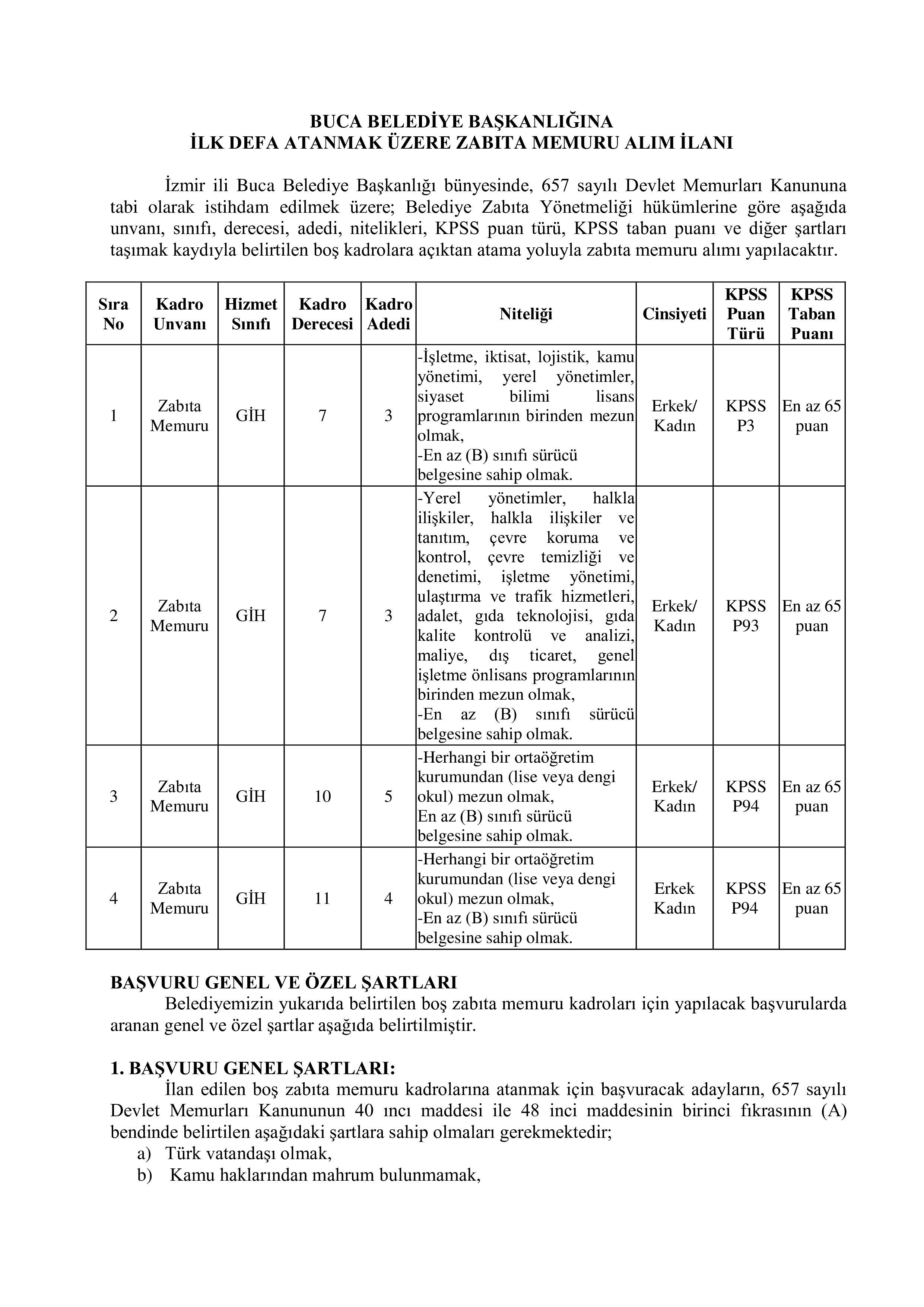 İlan İçeriği Sayfa 1 BUCA BELEDİYE BAŞKANLIĞI 15 ZABITA MEMUR ALACAK ( 23 Mart - 25 Mart) İlan İçeriği Sayfa 1