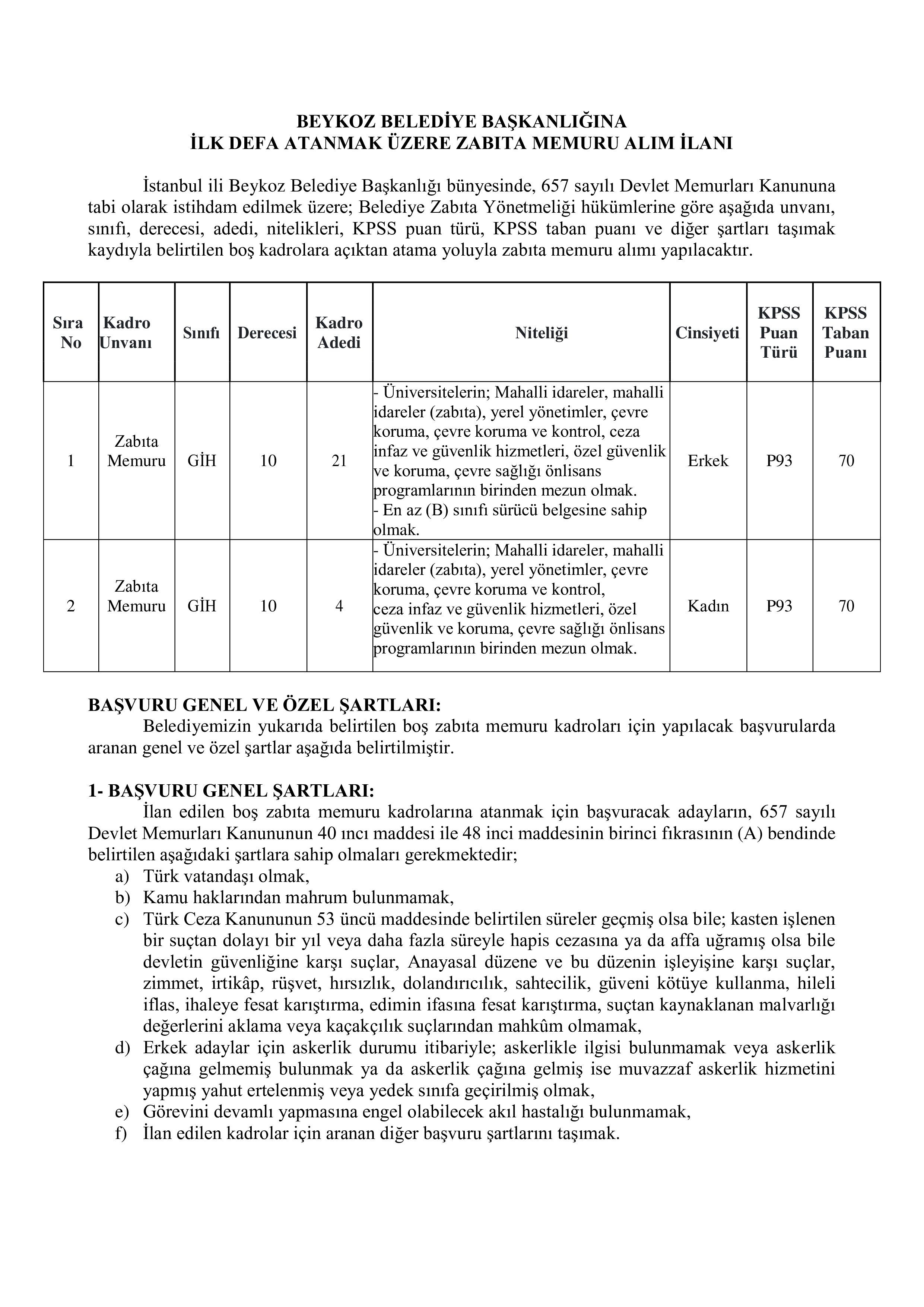 BEYKOZ BELEDİYE BAŞKANLIĞI 25 MEMUR ALACAK ( 8 Aralık - 18 Aralık) İlan İçeriği Sayfa 1