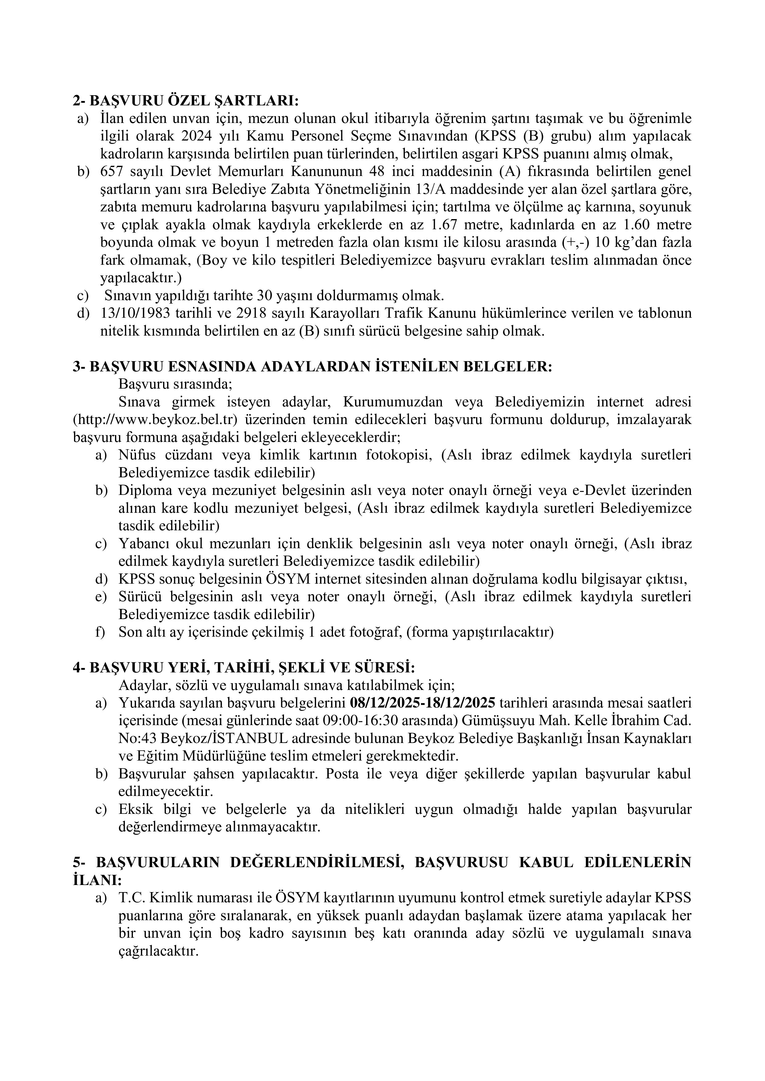 BEYKOZ BELEDİYE BAŞKANLIĞI 25 MEMUR ALACAK ( 8 Aralık - 18 Aralık) İlan İçeriği Sayfa 2