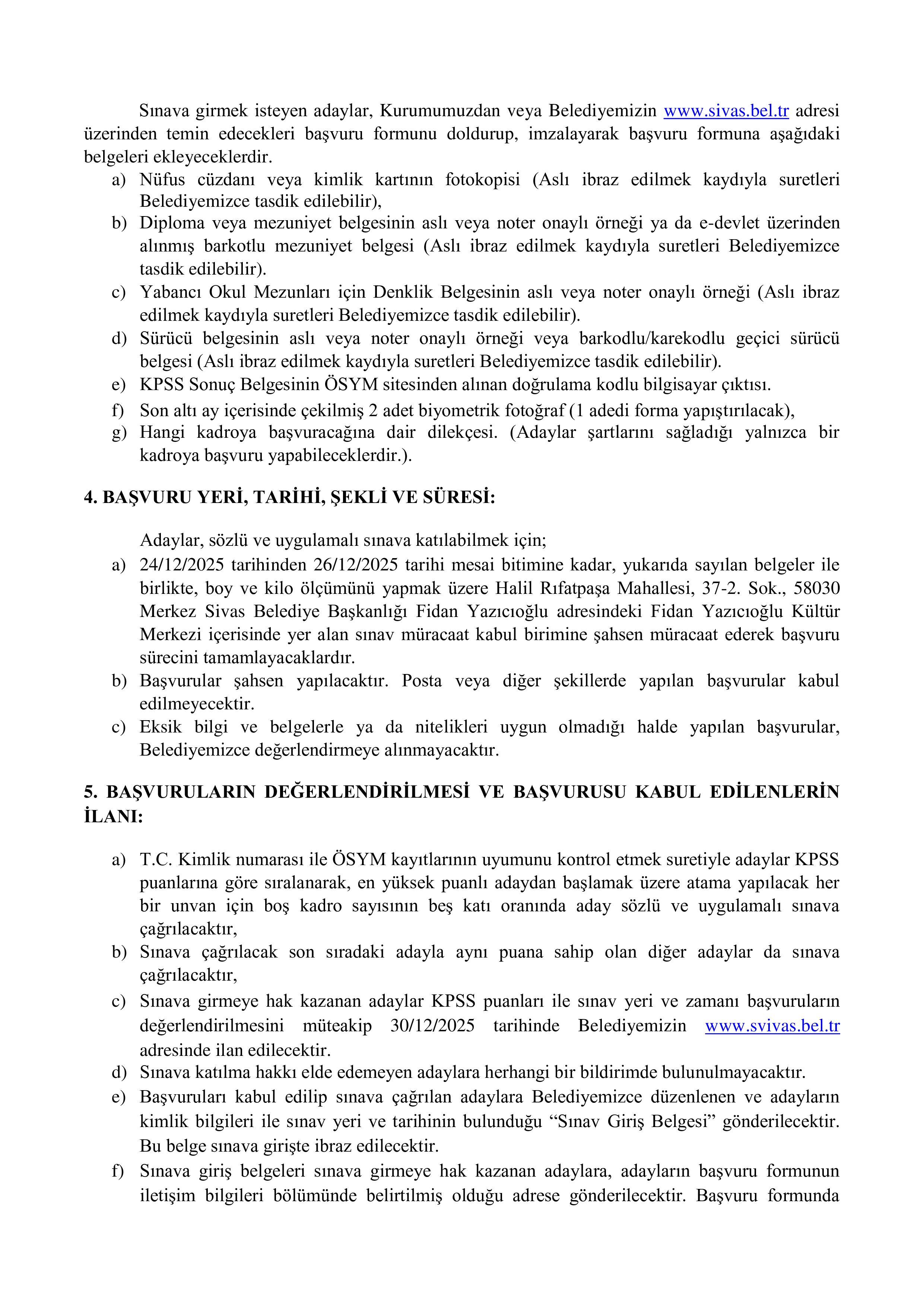 SİVAS BELEDİYE BAŞKANLIĞI 24 MEMUR ALACAK ( 24 Aralık - 26 Aralık) İlan İçeriği Sayfa 3