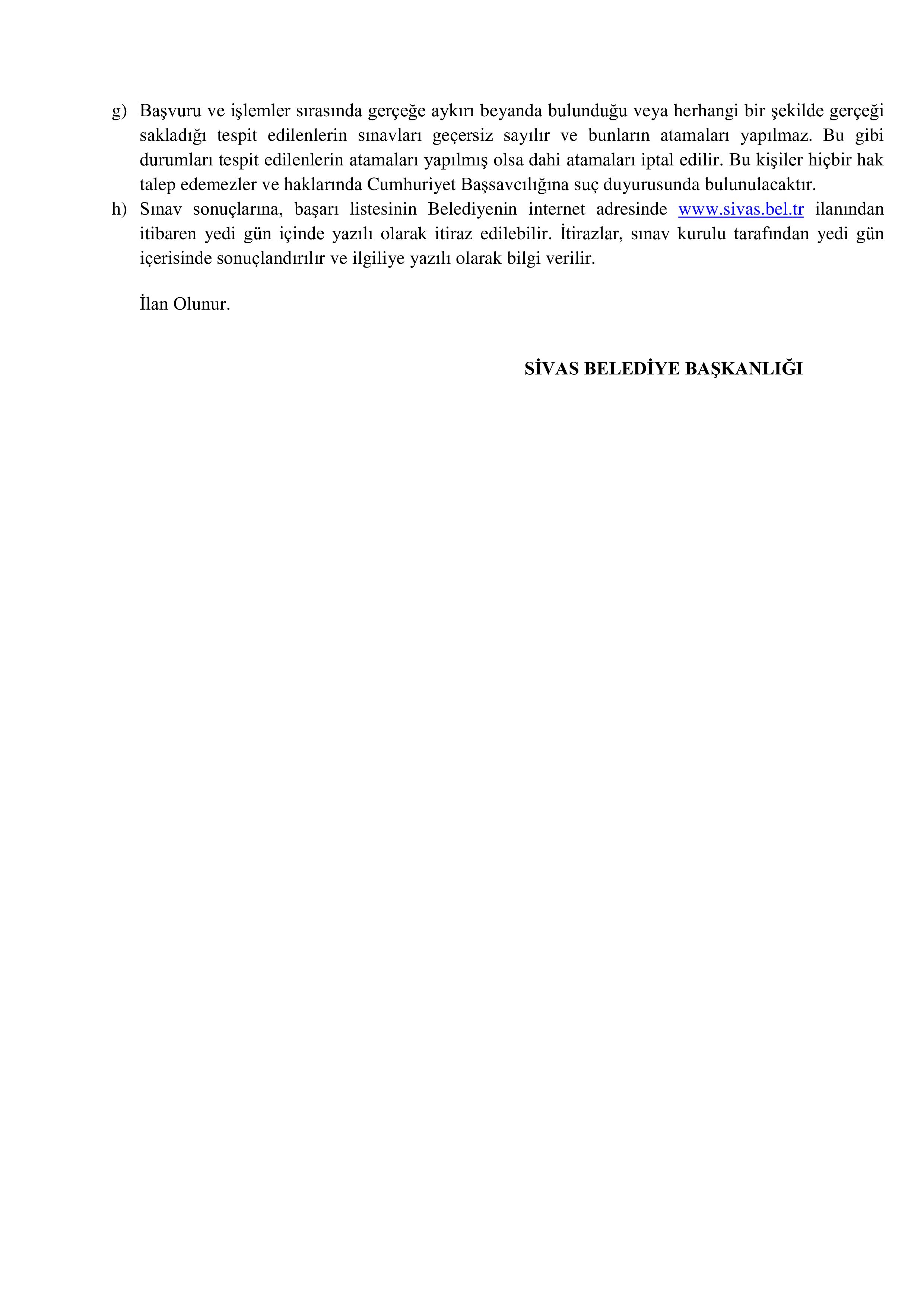 SİVAS BELEDİYE BAŞKANLIĞI 24 MEMUR ALACAK ( 24 Aralık - 26 Aralık) İlan İçeriği Sayfa 5