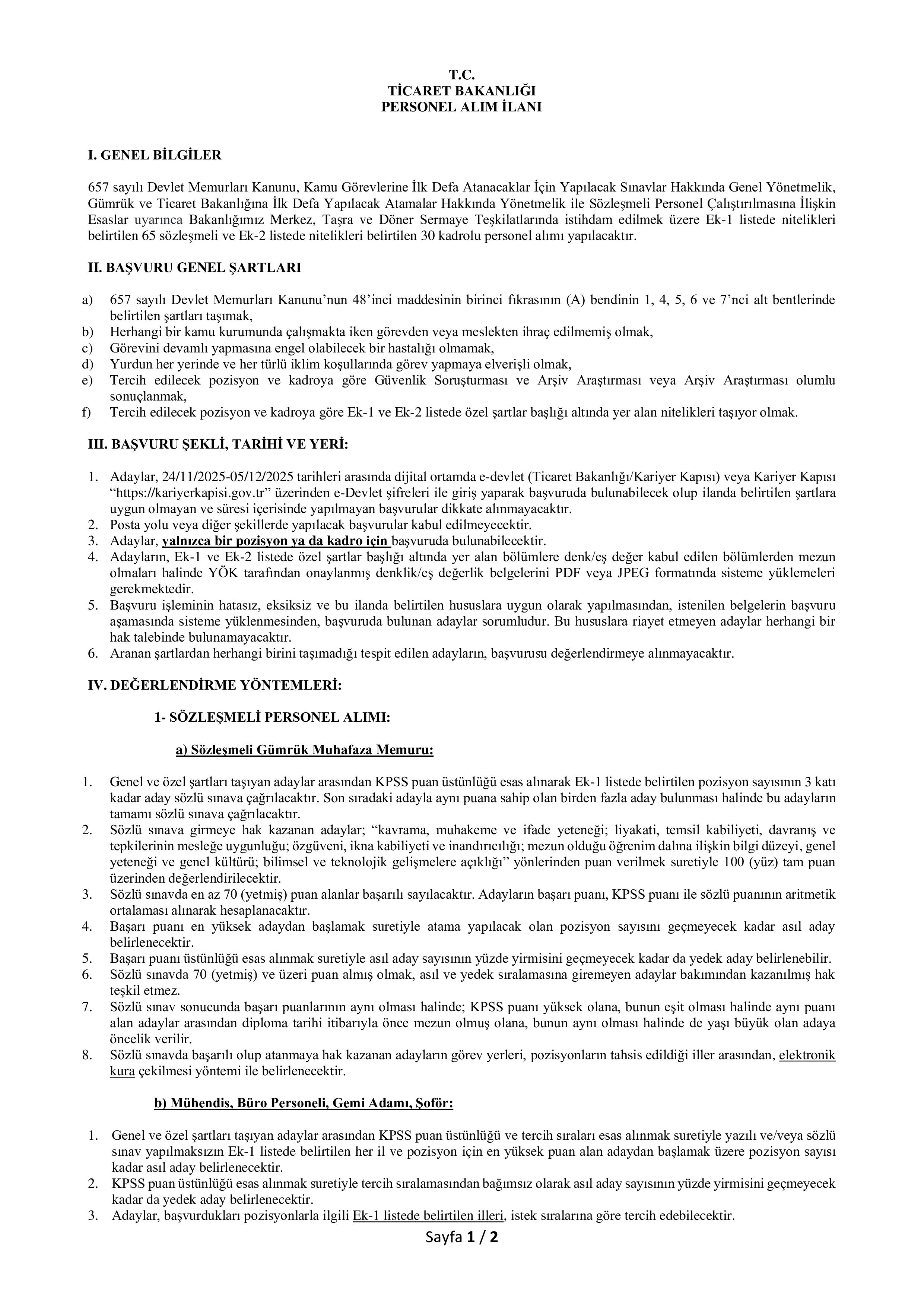 TİCARET BAKANLIĞI 95 MEMUR ALACAK ( 24 Kasım - 5 Aralık) İlan İçeriği Sayfa 1