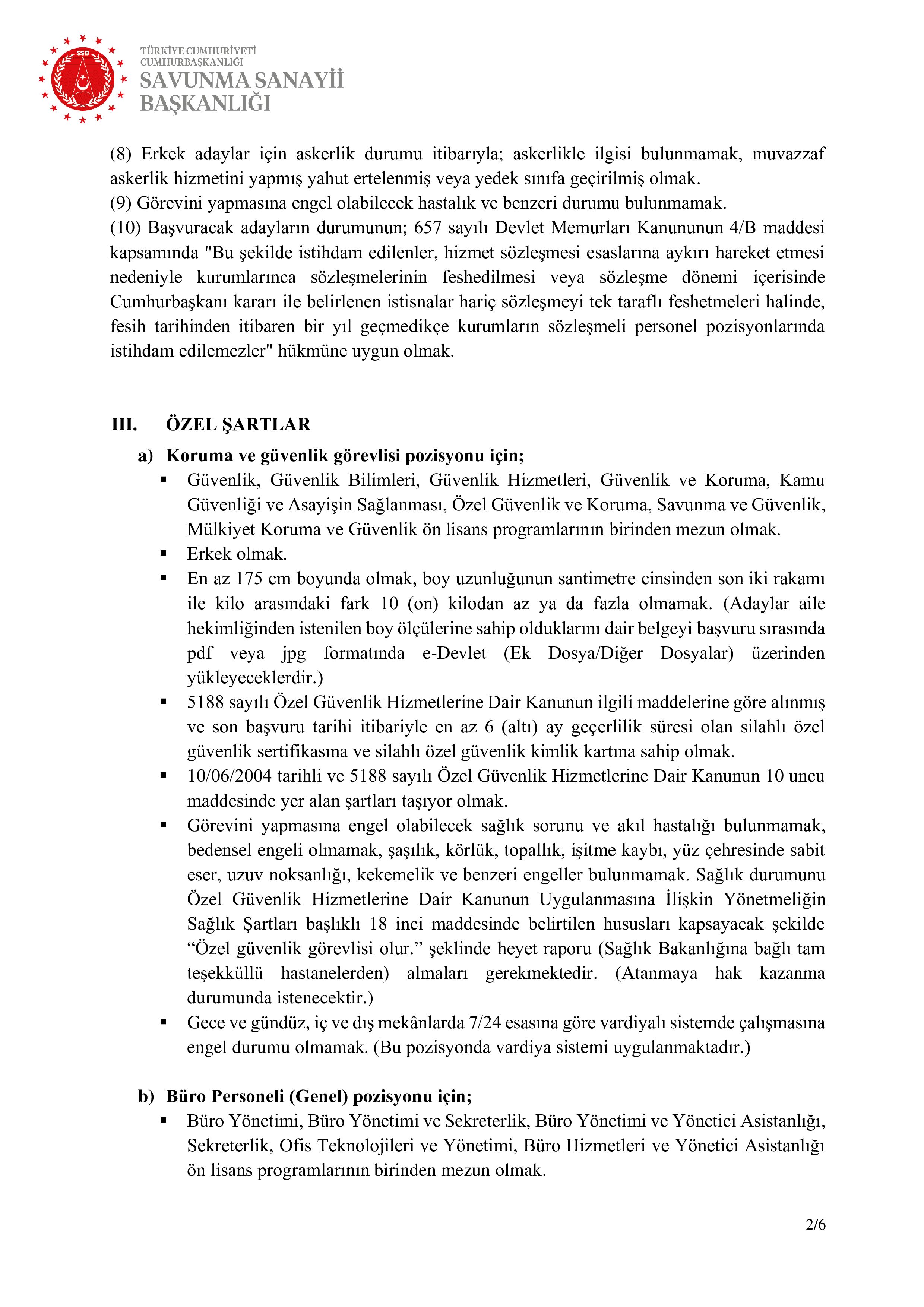 SAVUNMA SANAYİİ BAŞKANLIĞI 30 4/B SÖZLEŞMELİ PERSONEL ALACAK ( 15 Mayıs - 5 Haziran) İlan İçeriği Sayfa 2