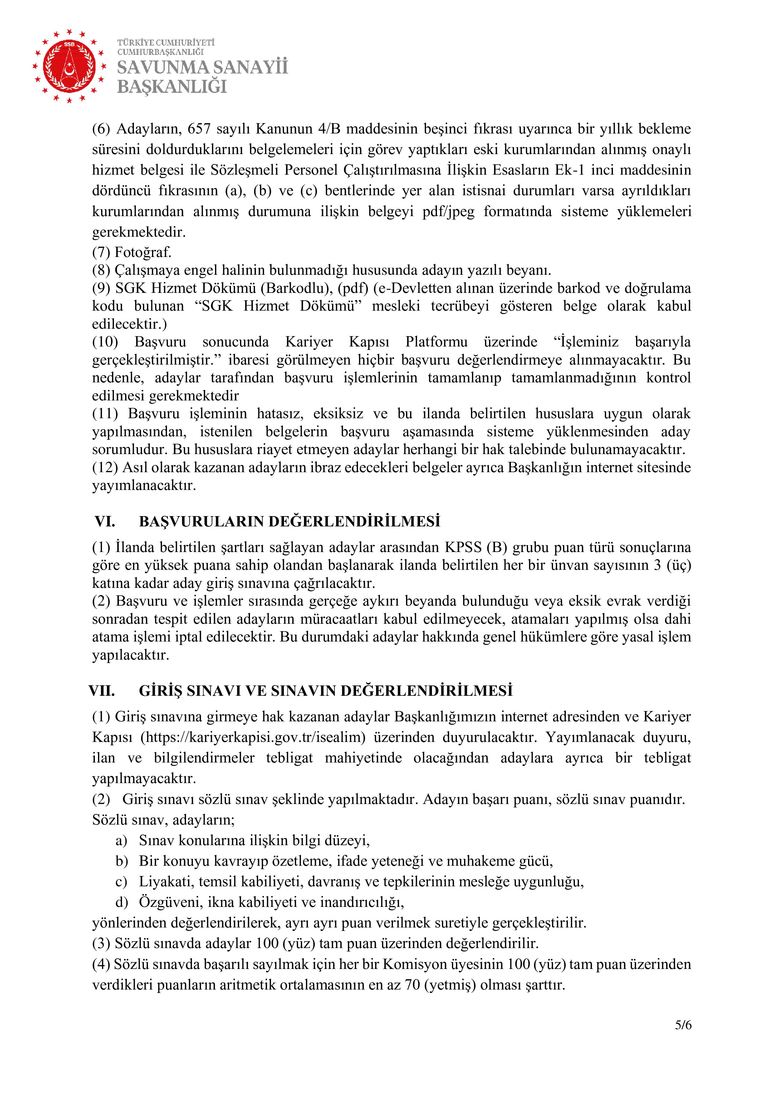SAVUNMA SANAYİİ BAŞKANLIĞI 30 4/B SÖZLEŞMELİ PERSONEL ALACAK ( 15 Mayıs - 5 Haziran) İlan İçeriği Sayfa 5